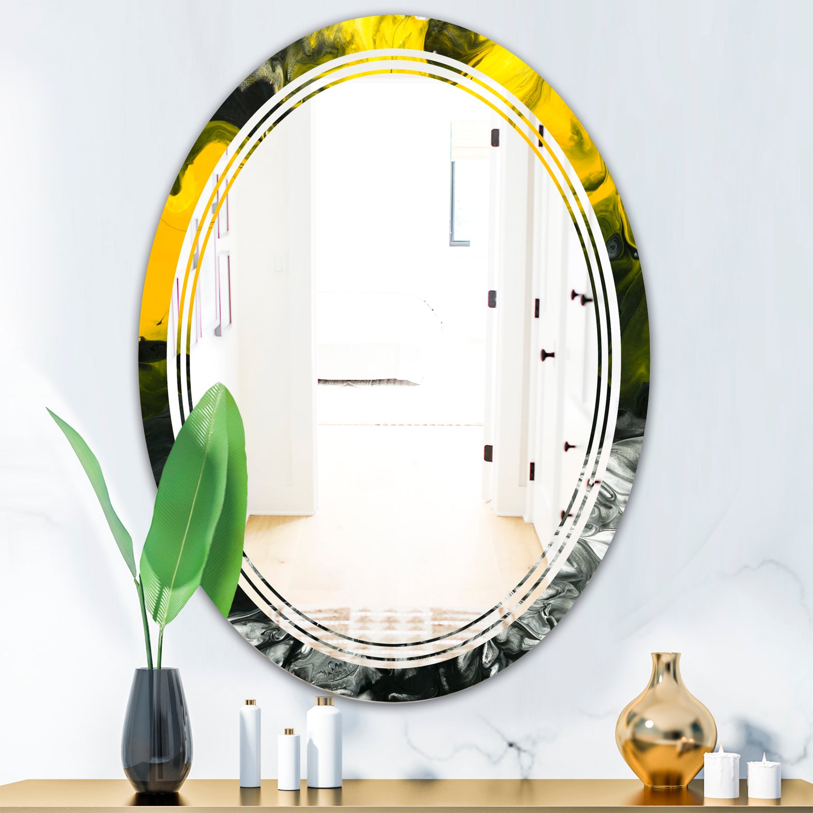 Marbled Yellow 4 - Modern Round or Oval Wall Mirror - Triple C