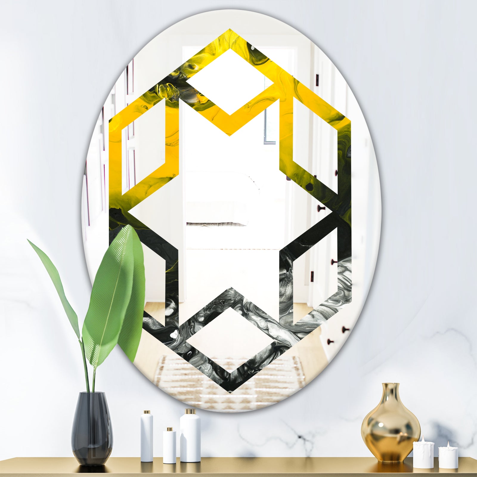 Marbled Yellow 4 - Modern Round or Oval Wall Mirror - Hexagon Star