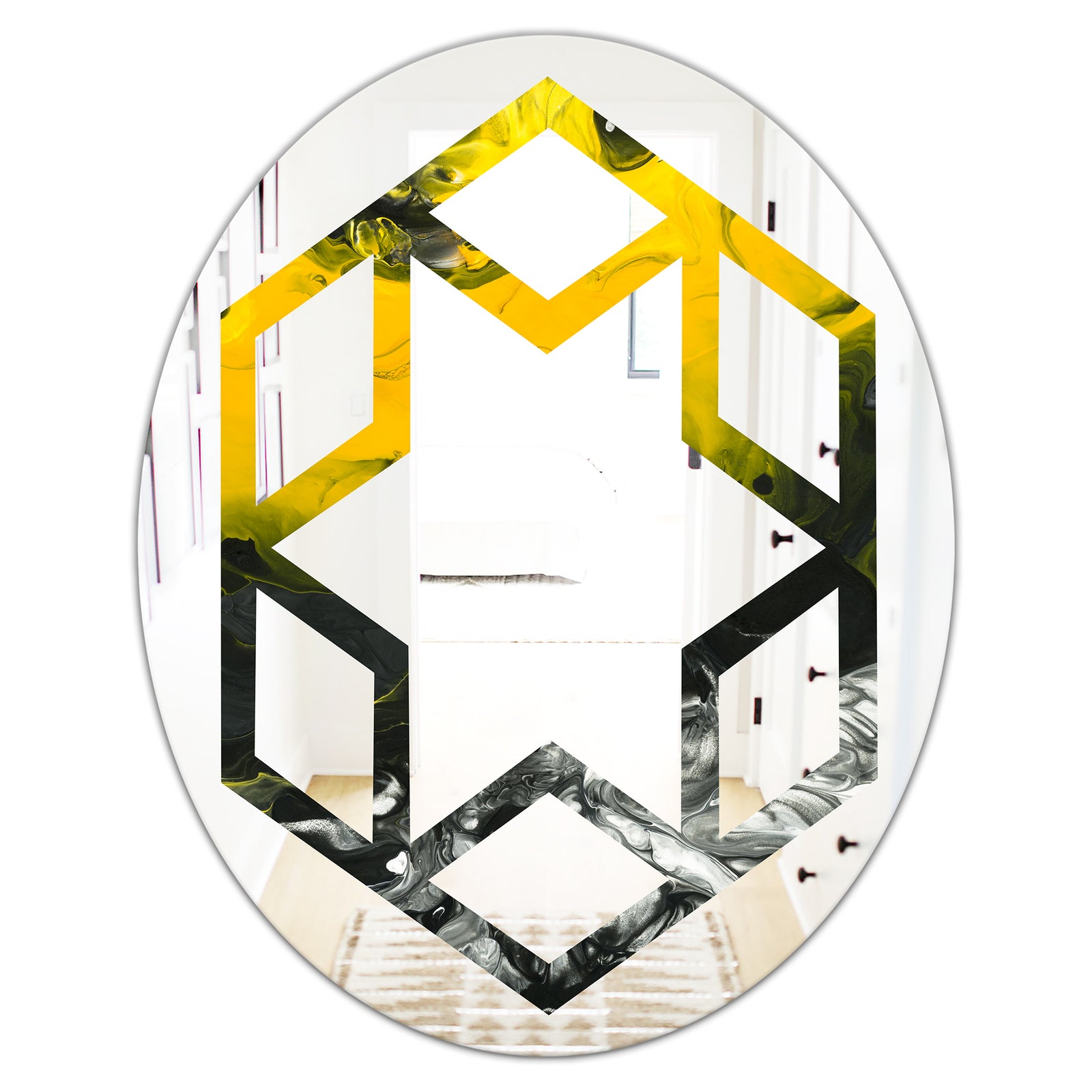 Marbled Yellow 4 - Modern Round or Oval Wall Mirror - Hexagon Star