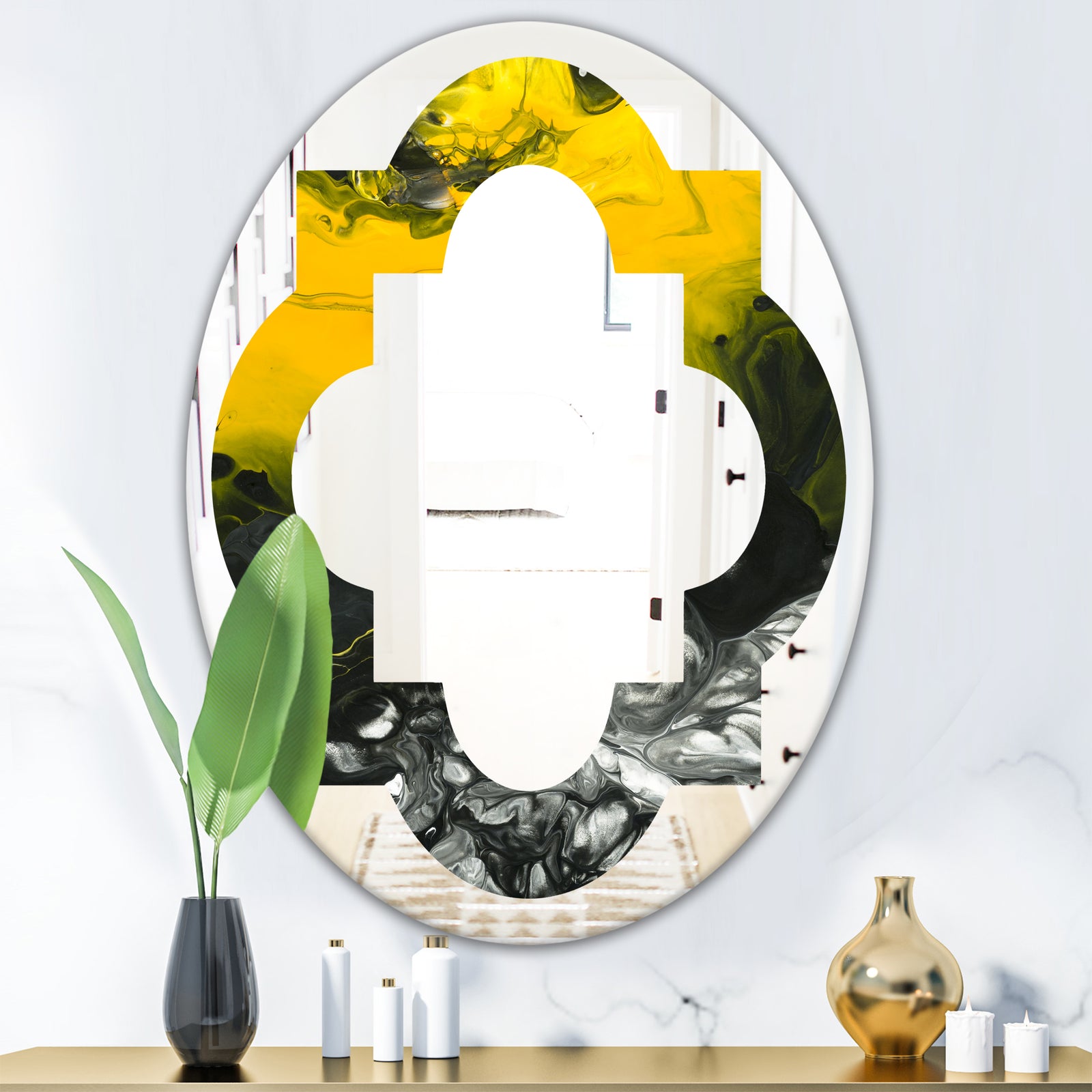 Marbled Yellow 4 - Modern Round or Oval Wall Mirror - Quatrefoil