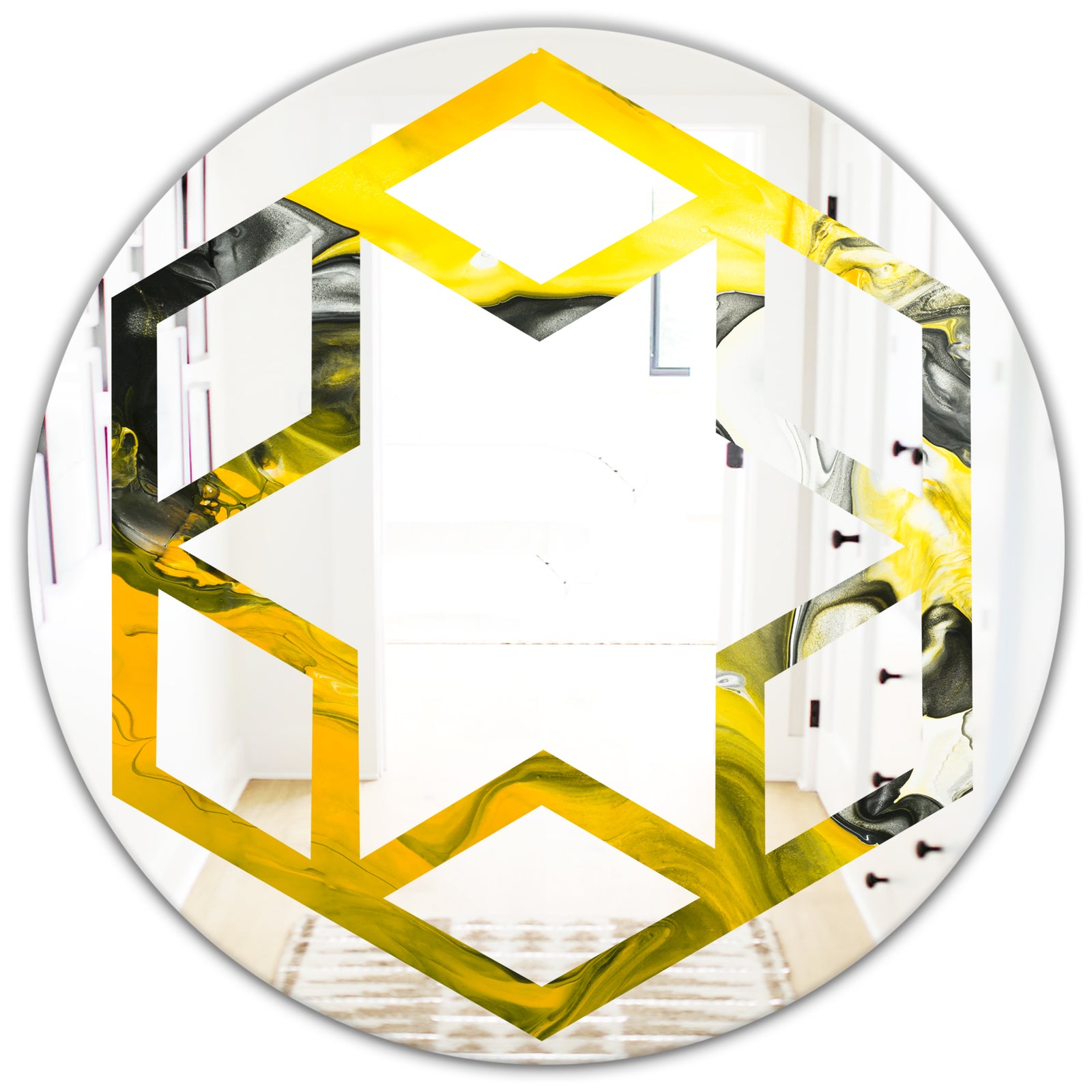 Marbled Yellow 5 - Modern Round or Oval Wall Mirror - Hexagon Star