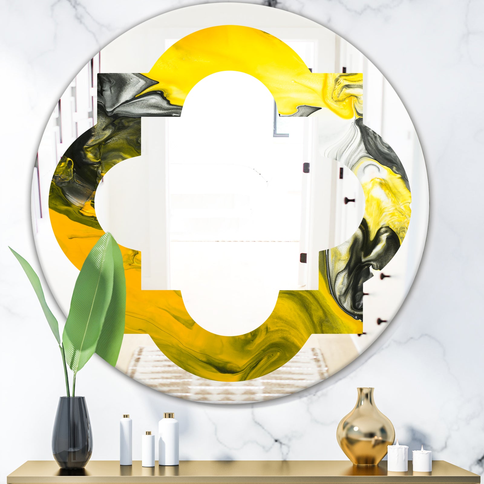 Marbled Yellow 5 - Modern Round or Oval Wall Mirror - Quatrefoil