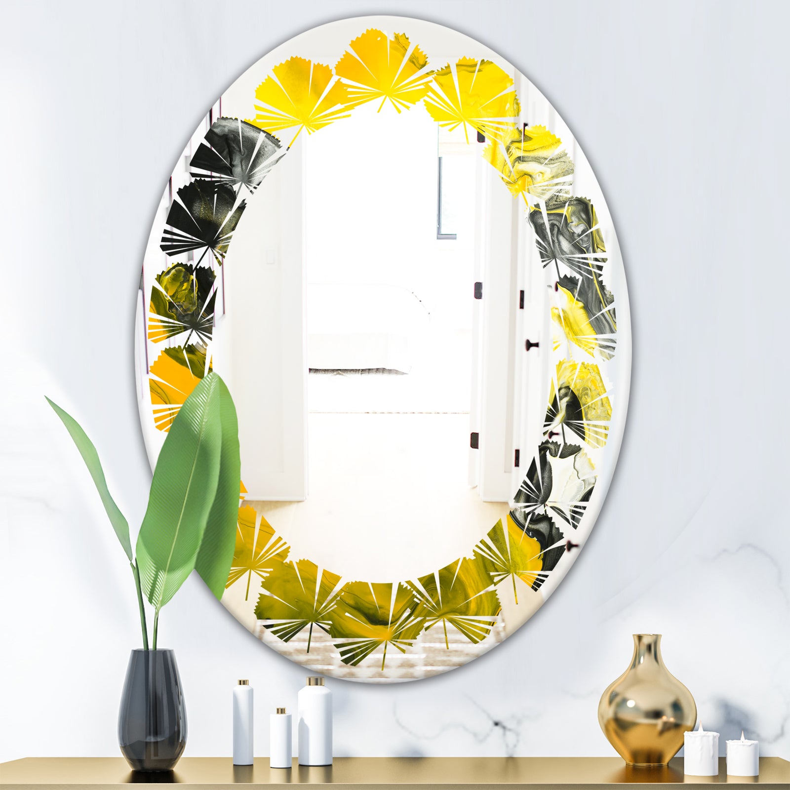 Marbled Yellow 5 - Modern Round or Oval Wall Mirror - Leaves