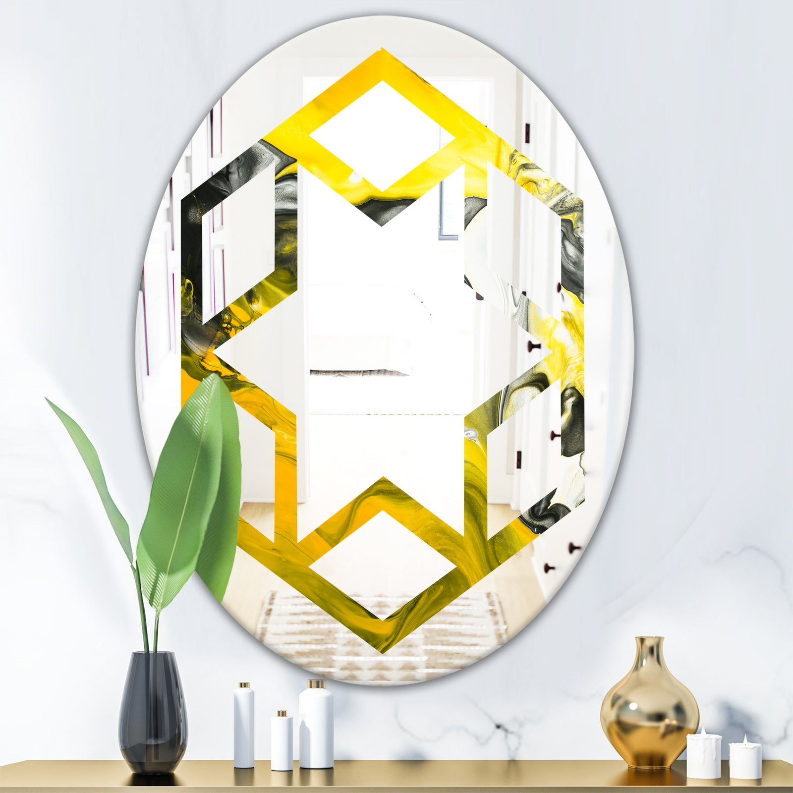 Marbled Yellow 5 - Modern Round or Oval Wall Mirror - Hexagon Star