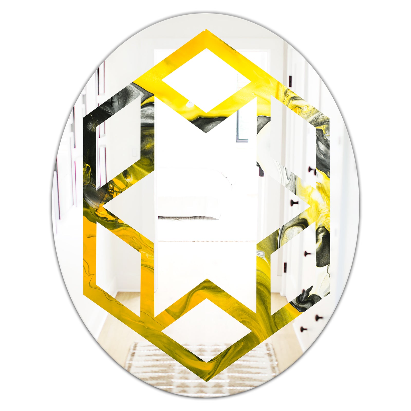 Marbled Yellow 5 - Modern Round or Oval Wall Mirror - Hexagon Star