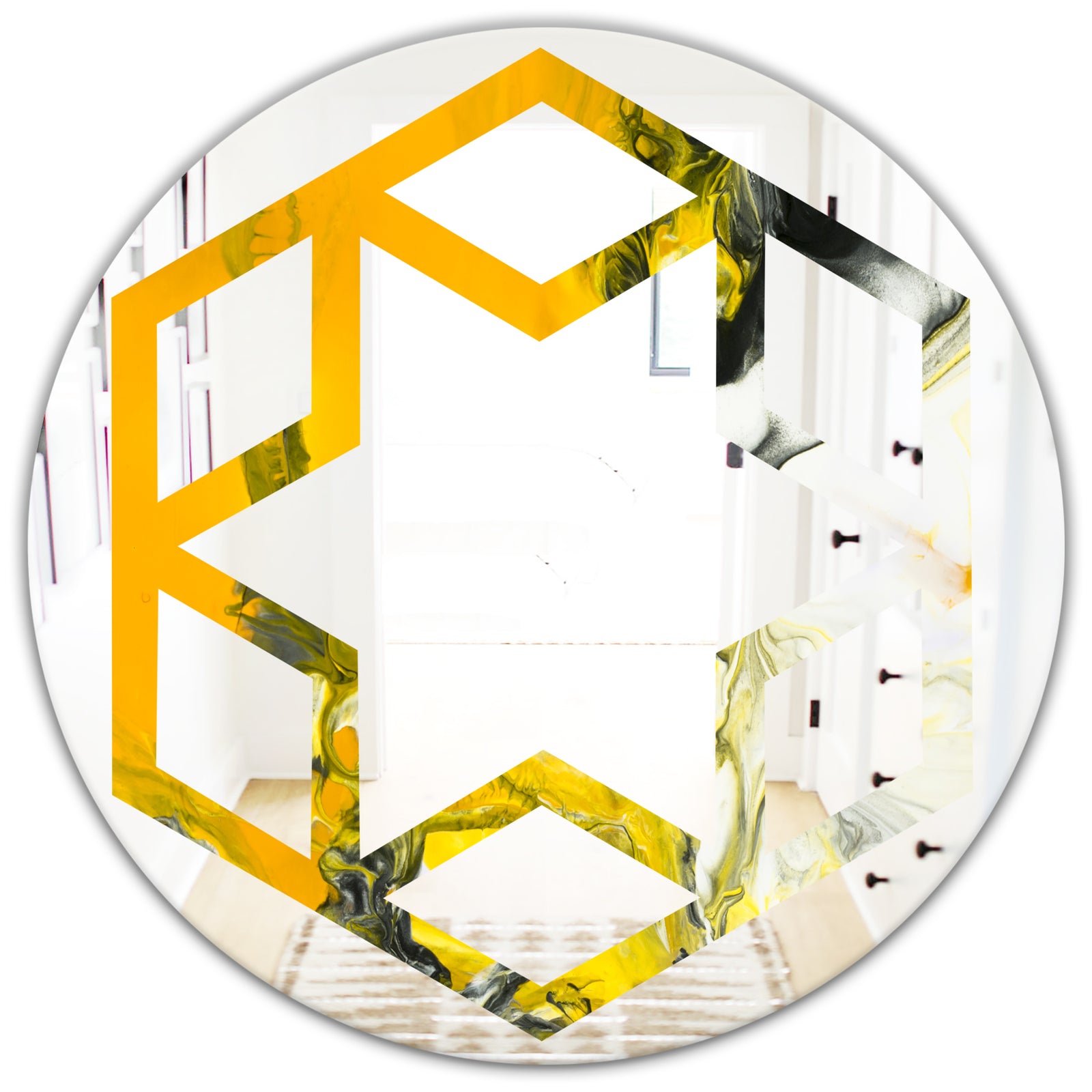 Marbled Yellow 6 - Modern Round or Oval Wall Mirror - Hexagon Star