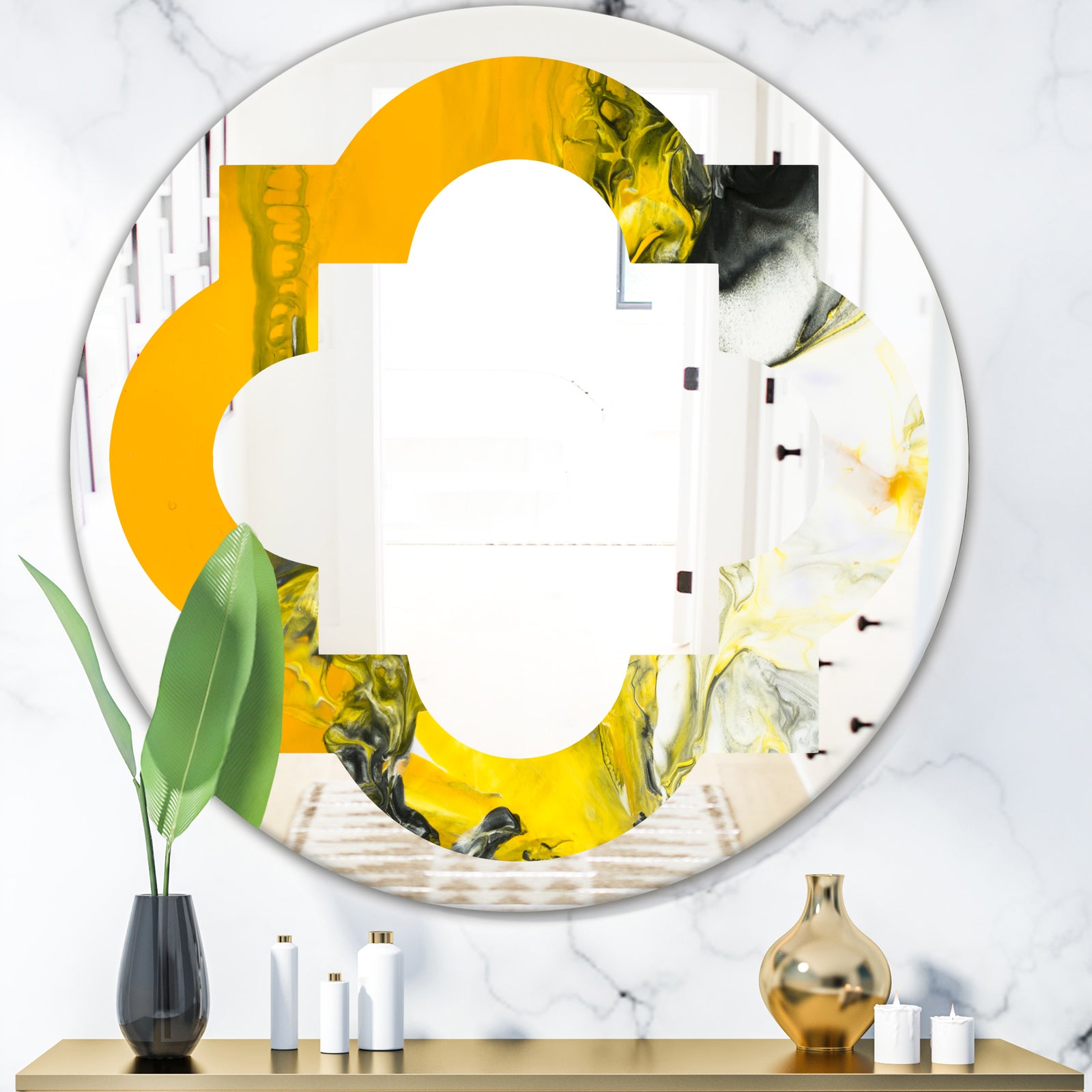Marbled Yellow 6 - Modern Round or Oval Wall Mirror - Quatrefoil