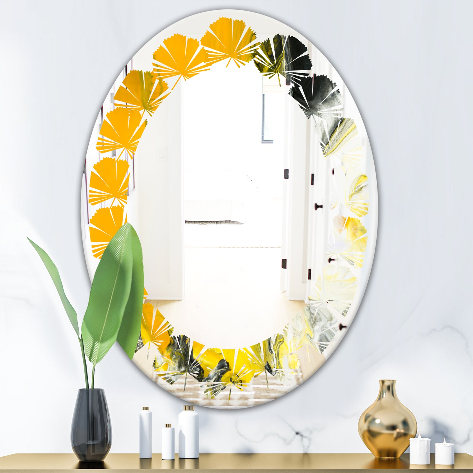 Marbled Yellow 6 - Modern Round or Oval Wall Mirror - Leaves