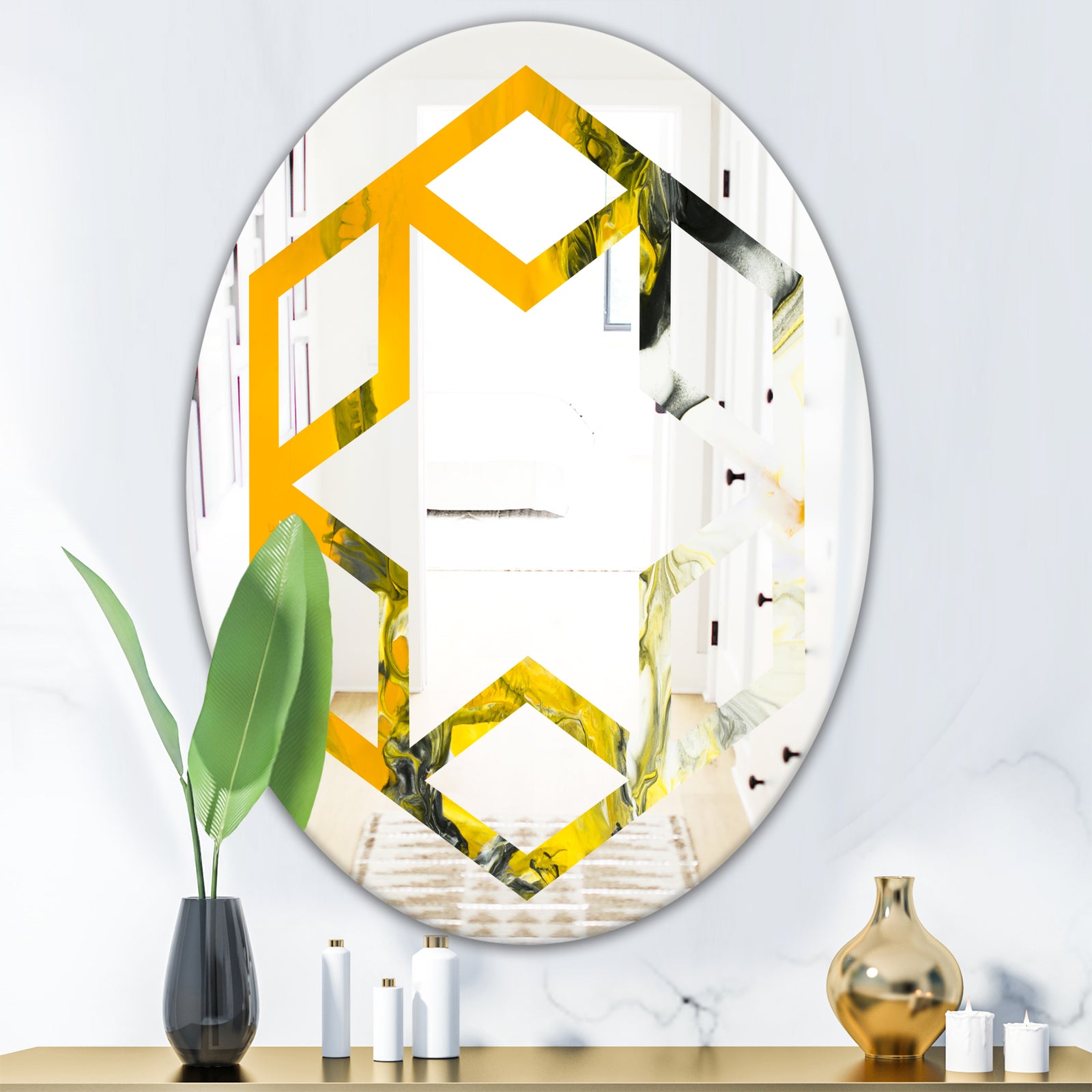 Marbled Yellow 6 - Modern Round or Oval Wall Mirror - Hexagon Star