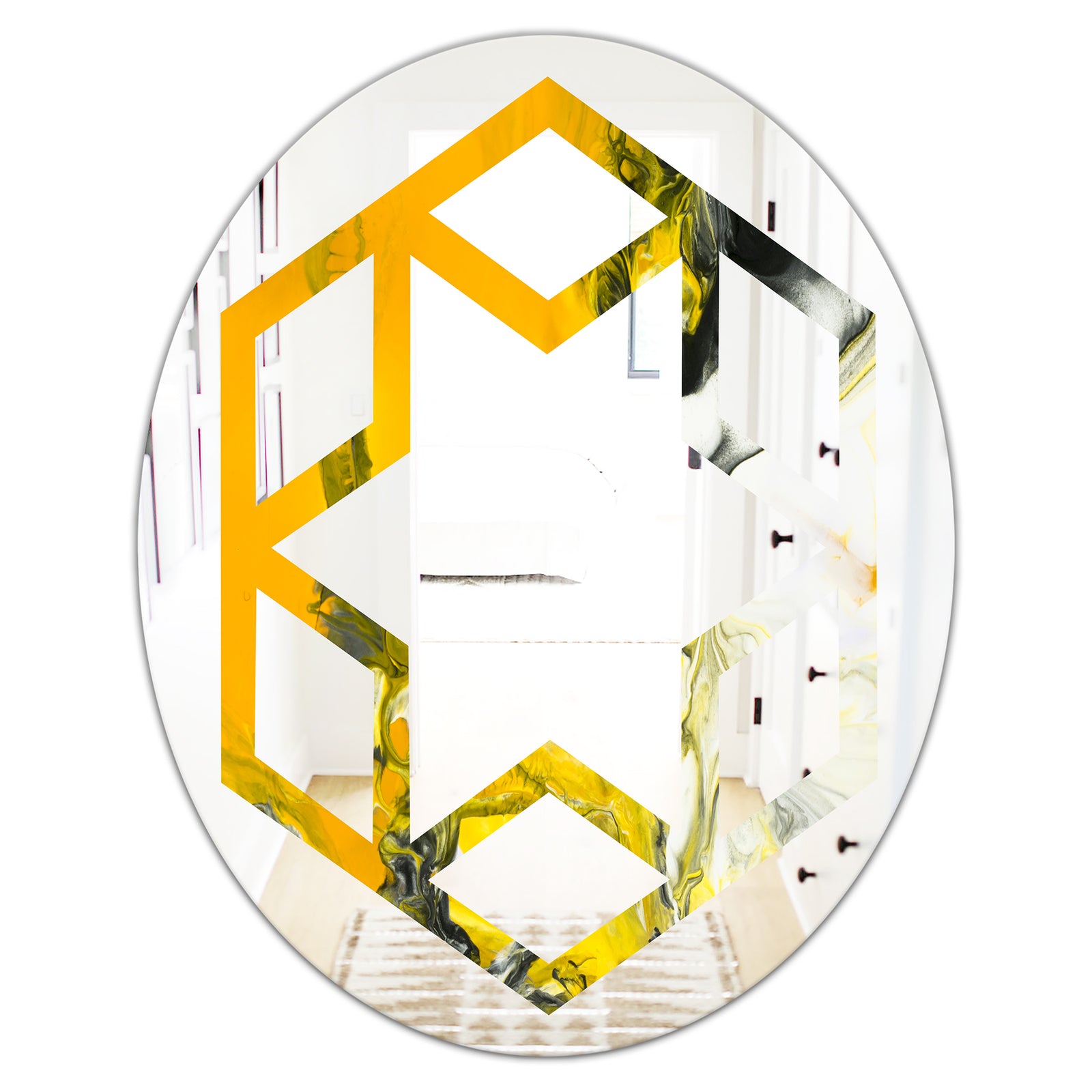Marbled Yellow 6 - Modern Round or Oval Wall Mirror - Hexagon Star