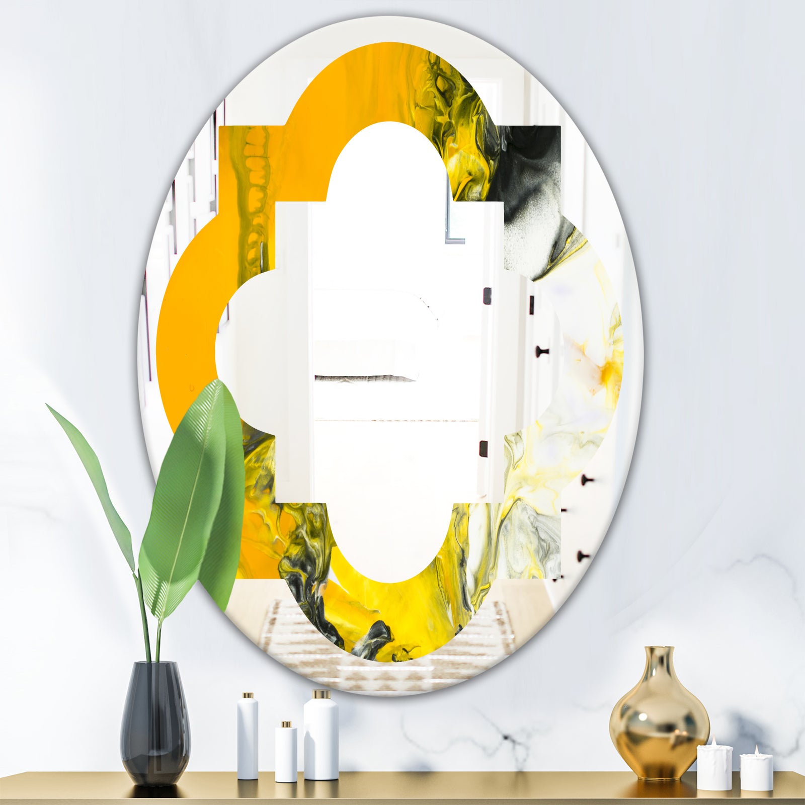 Marbled Yellow 6 - Modern Round or Oval Wall Mirror - Quatrefoil