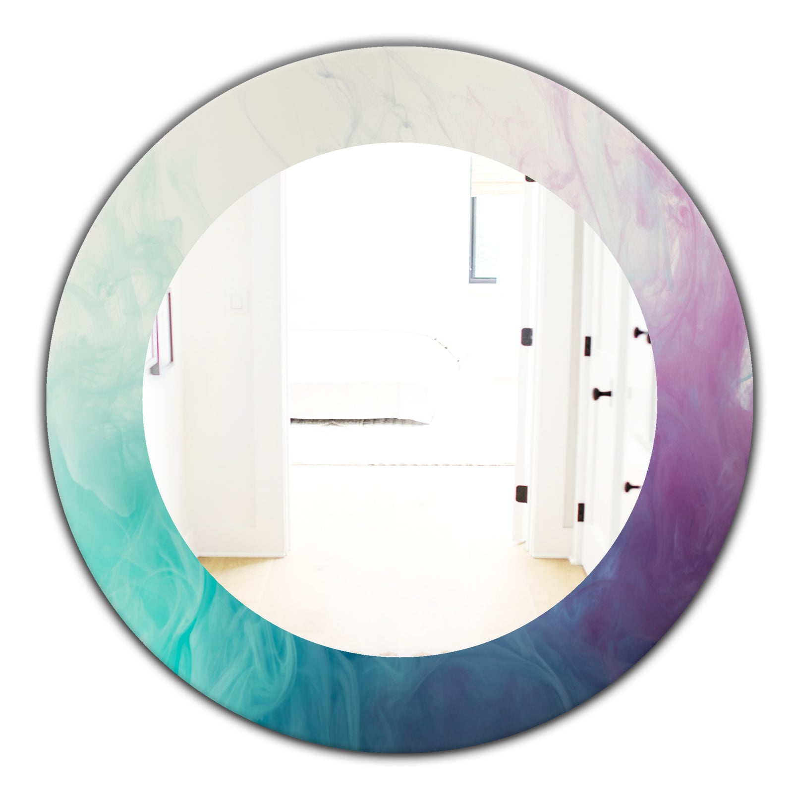 Cyan Blue and Pink Water In Ink Composition - Mid-Century Mirror - Frameless Oval or Round Wall Mirror