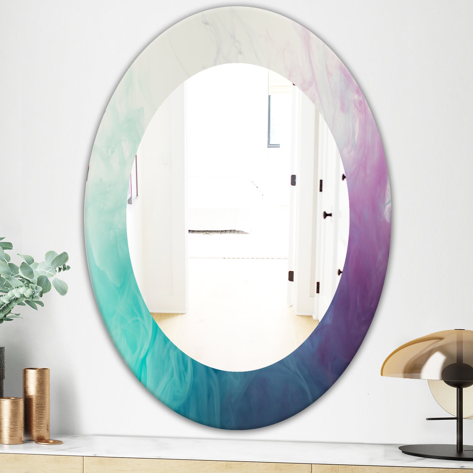 Cyan Blue and Pink Water In Ink Composition - Mid-Century Mirror - Frameless Oval or Round Wall Mirror