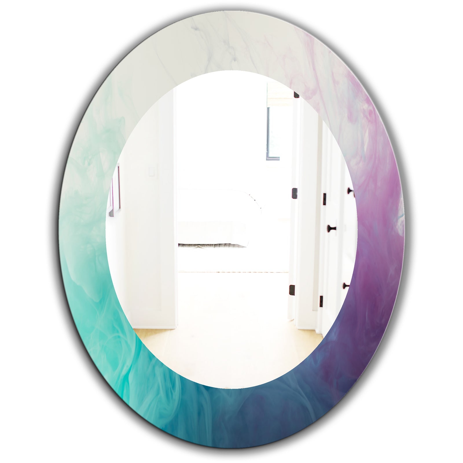 Cyan Blue and Pink Water In Ink Composition - Mid-Century Mirror - Frameless Oval or Round Wall Mirror