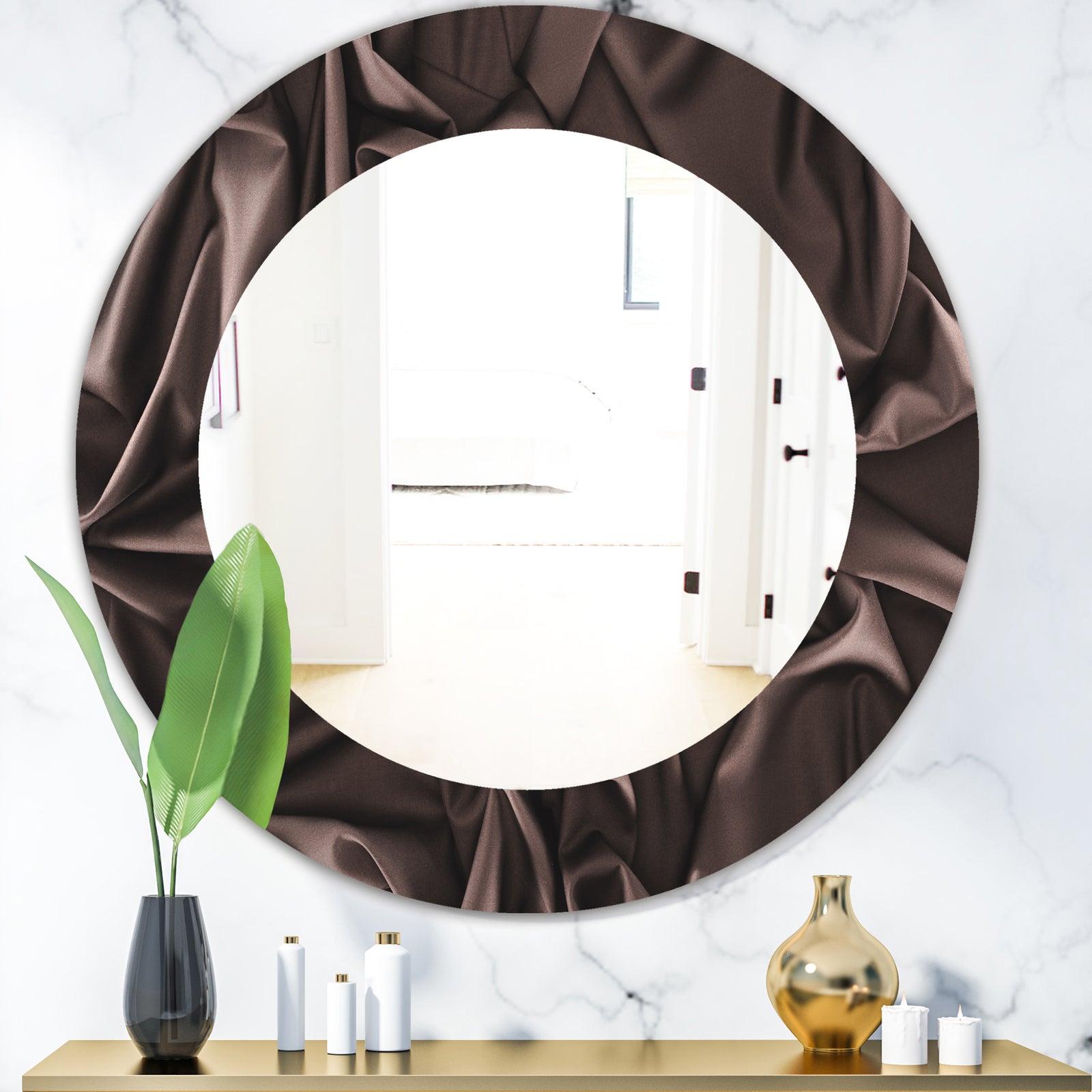 Folded Dark Silk Waves - Modern Mirror - Frameless Oval or Round Wall Mirror