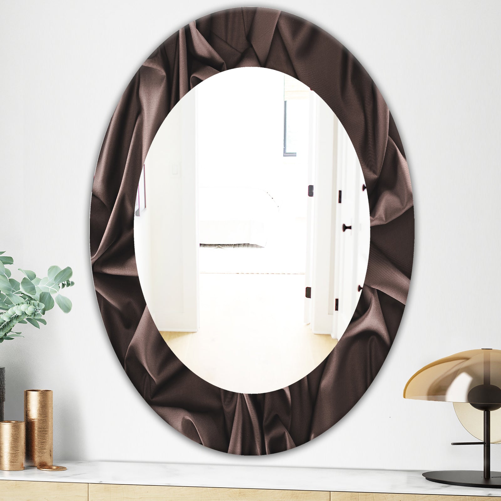Folded Dark Silk Waves - Modern Mirror - Frameless Oval or Round Wall Mirror