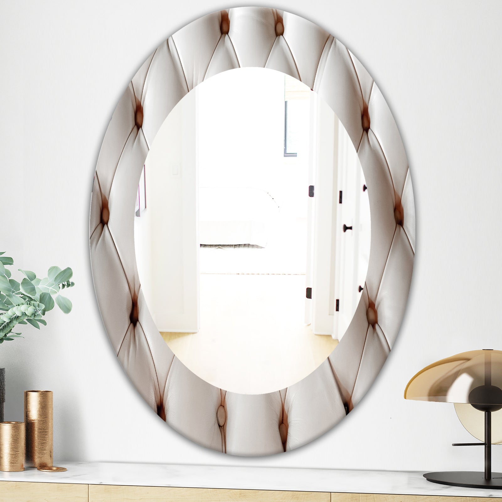 Diamond Shaped Leather Couch - Modern Mirror - Frameless Oval or Round Wall Mirror