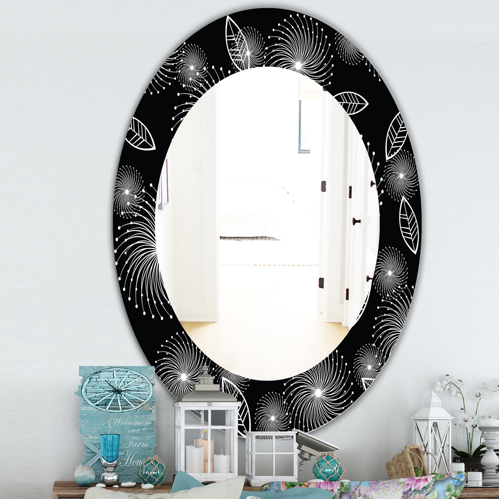 Retro Of Stylized Flowers - Traditional Mirror - Frameless Oval or Round Wall Mirror