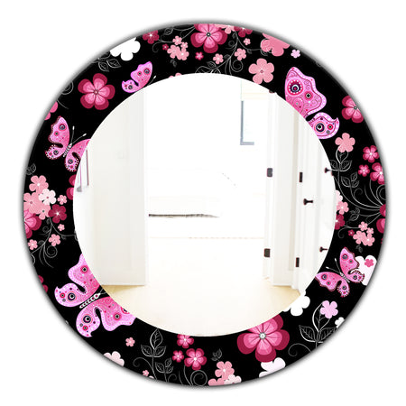 Porch & Den Dapplegrey Obsidian Black and Pink Floral and Butterfly Mirror