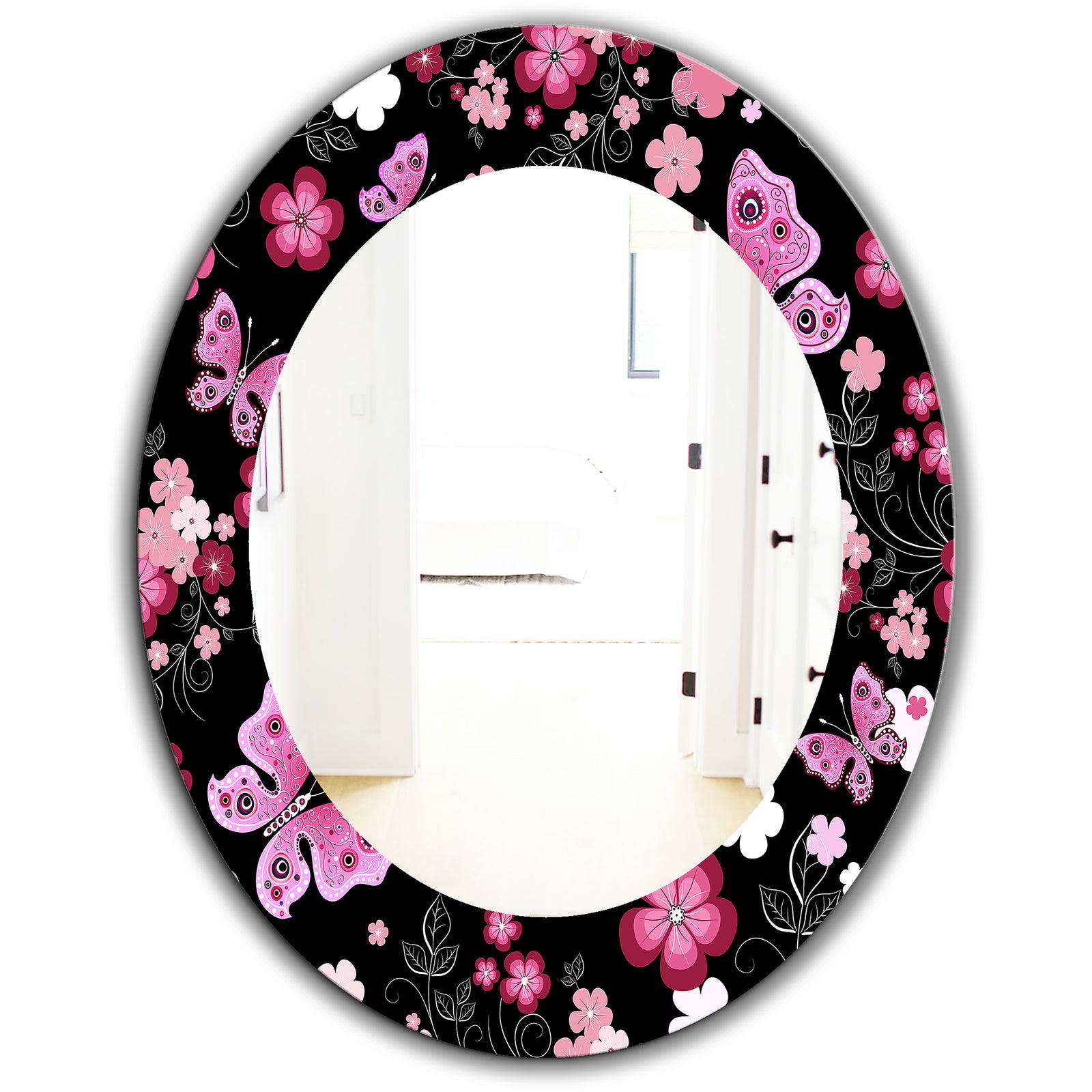 Porch & Den Dapplegrey Obsidian Black and Pink Floral and Butterfly Mirror