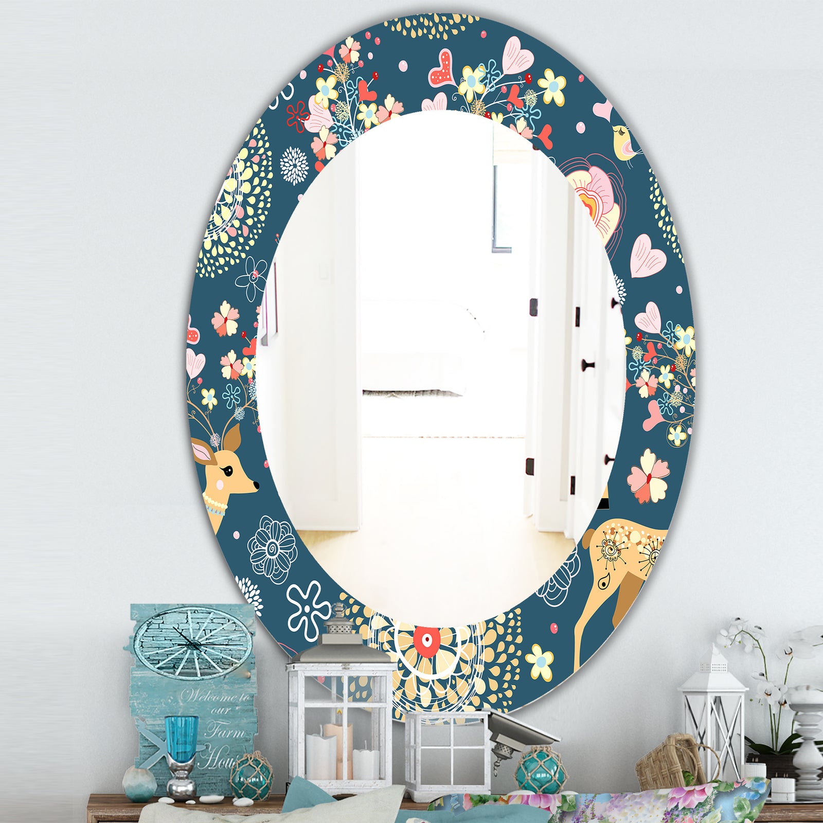 Deer With Flowers and Hearts Antlers - Traditional Mirror - Oval or Round Wall Mirror