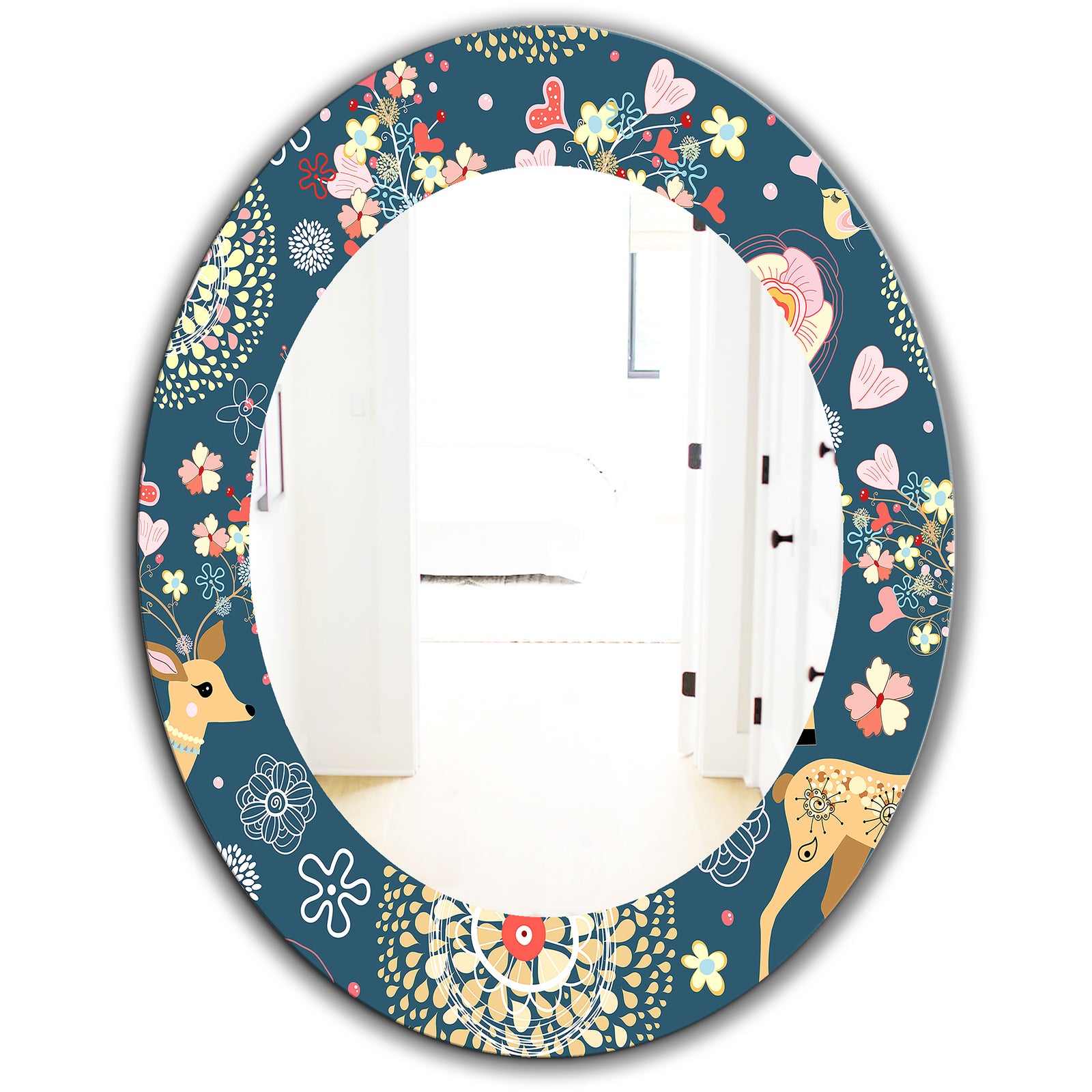 Deer With Flowers and Hearts Antlers - Traditional Mirror - Oval or Round Wall Mirror