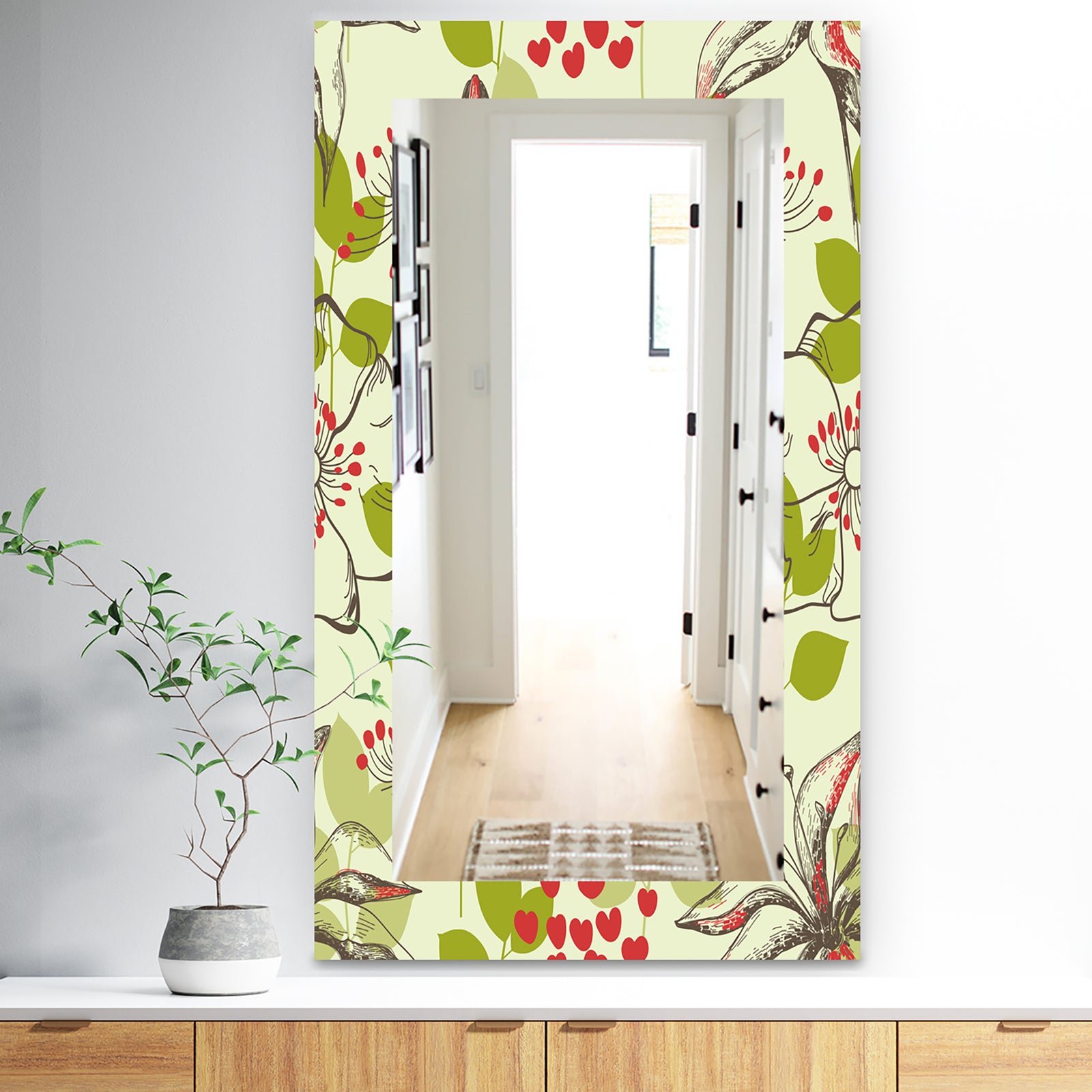 Small Bird and Lilies and Little Hearts - Traditional Mirror - Frameless Vanity Mirror