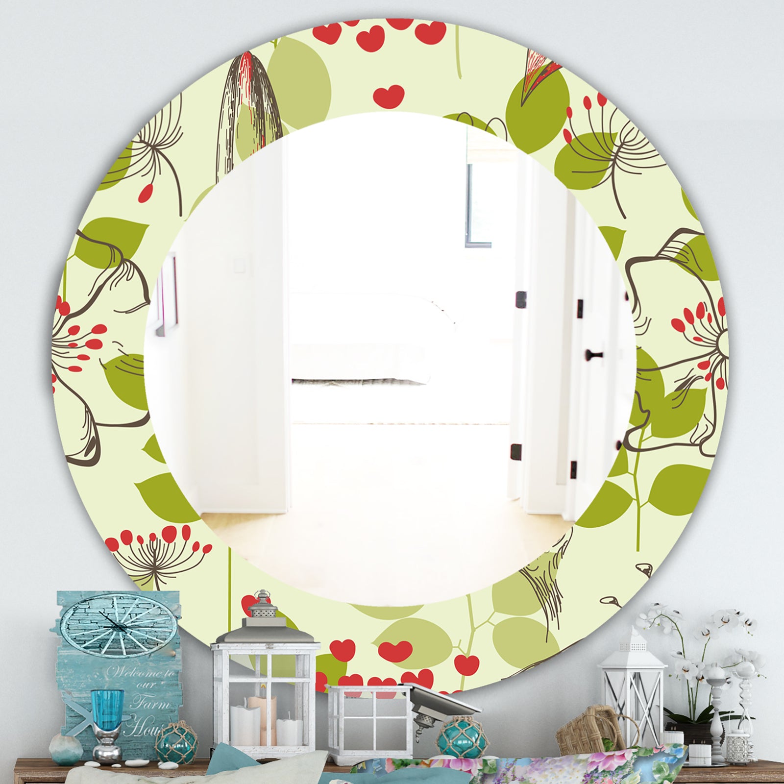 Small Bird and Lilies and Little Hearts - Traditional Mirror - Frameless Oval or Round Wall Mirror
