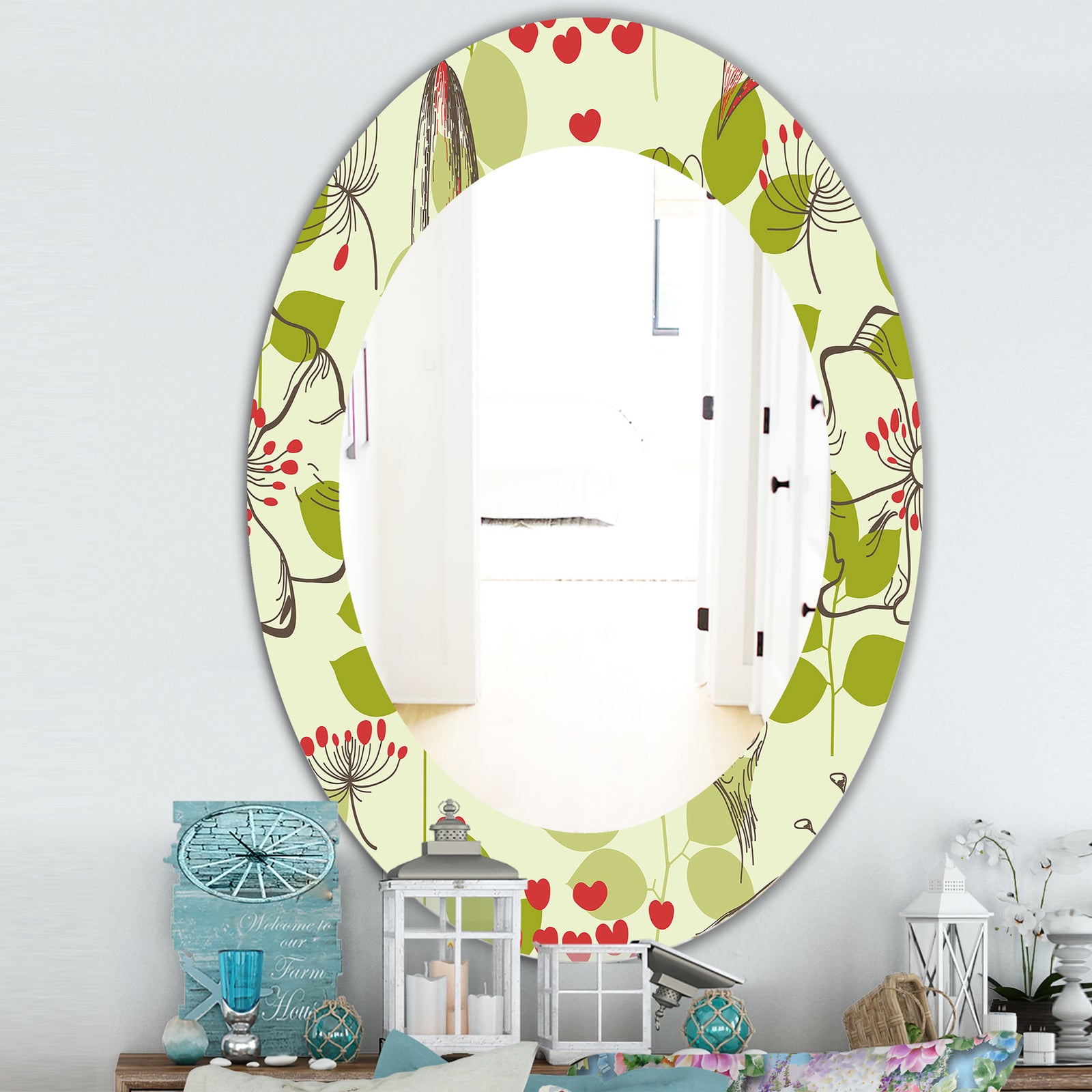 Small Bird and Lilies and Little Hearts - Traditional Mirror - Frameless Oval or Round Wall Mirror