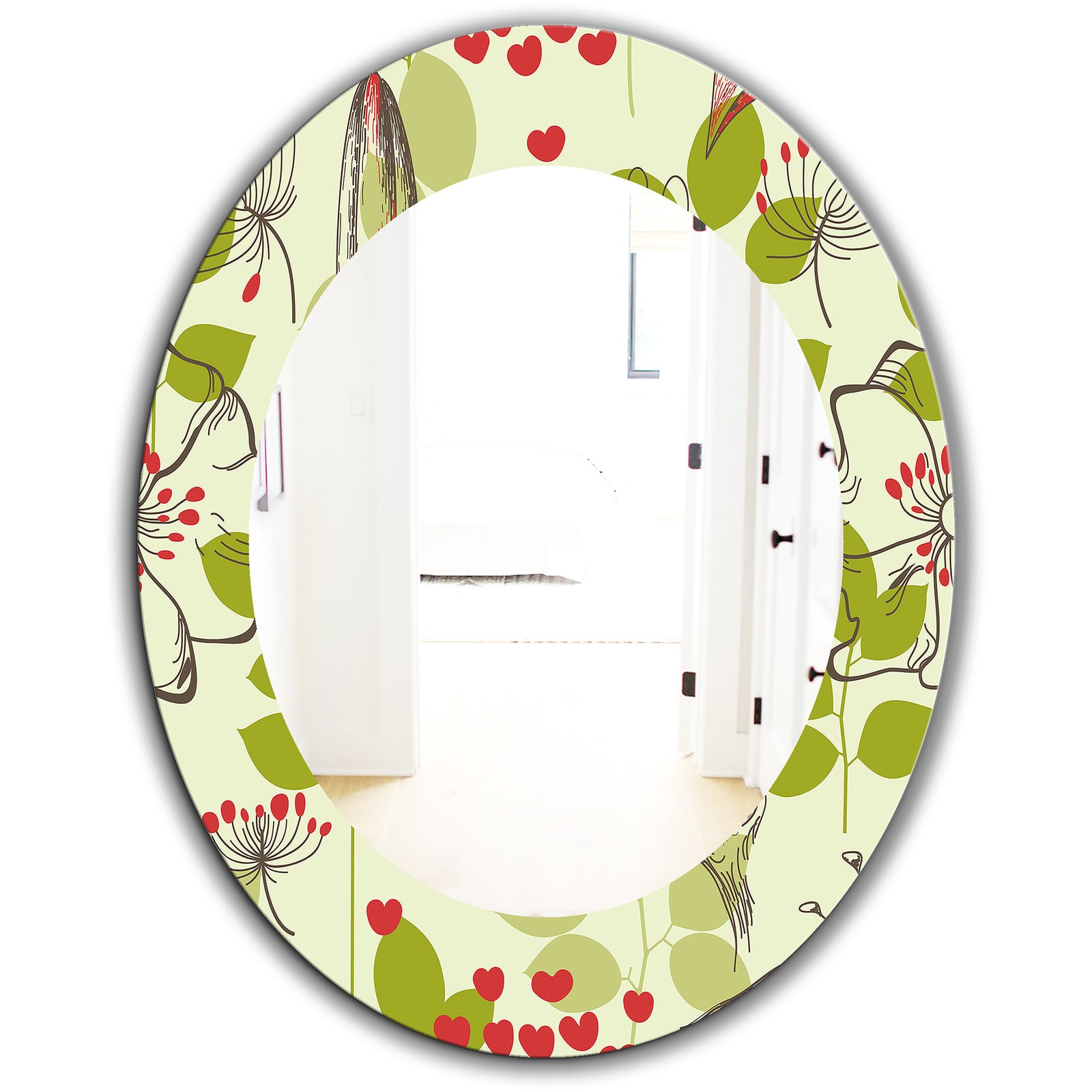 Small Bird and Lilies and Little Hearts - Traditional Mirror - Frameless Oval or Round Wall Mirror