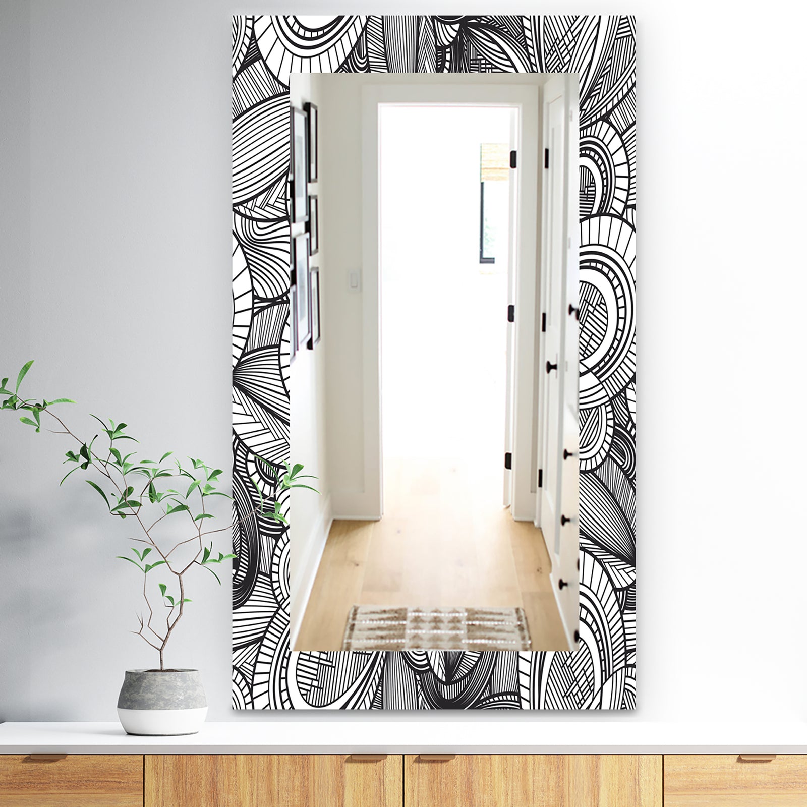 Geometric Leaves In Black and White - Traditional Mirror - Vanity Mirror