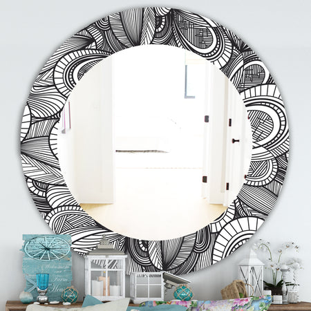 Geometric Leaves In Black and White - Traditional Mirror - Oval or Round Wall Mirror