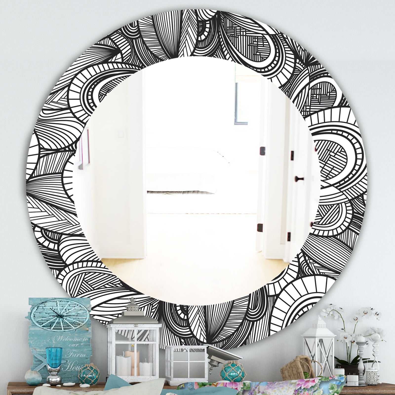 Geometric Leaves In Black and White - Traditional Mirror - Oval or Round Wall Mirror