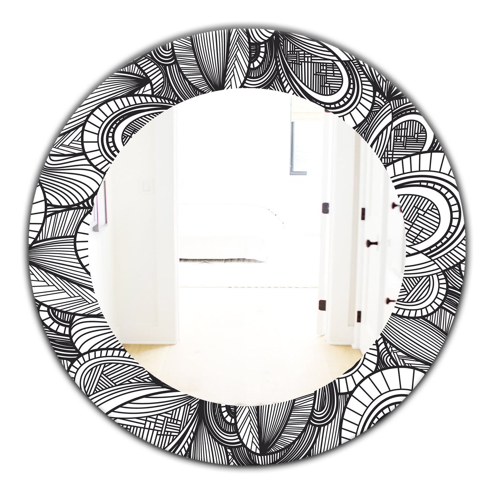 Geometric Leaves In Black and White - Traditional Mirror - Oval or Round Wall Mirror