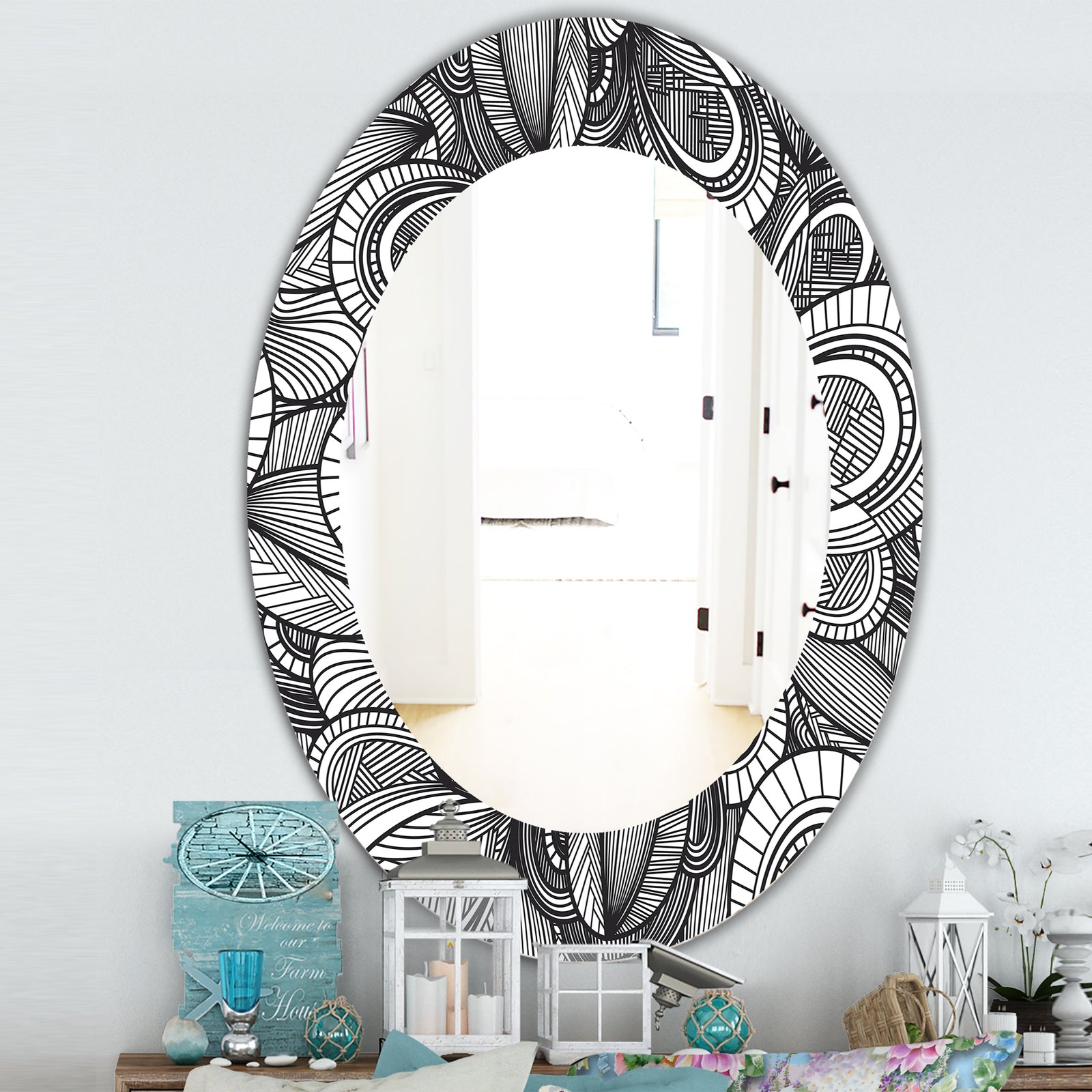 Geometric Leaves In Black and White - Traditional Mirror - Oval or Round Wall Mirror