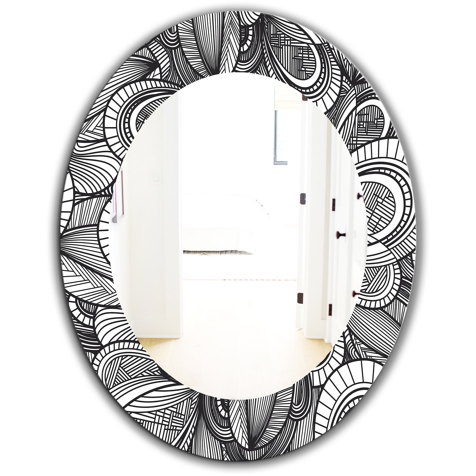 Geometric Leaves In Black and White - Traditional Mirror - Oval or Round Wall Mirror
