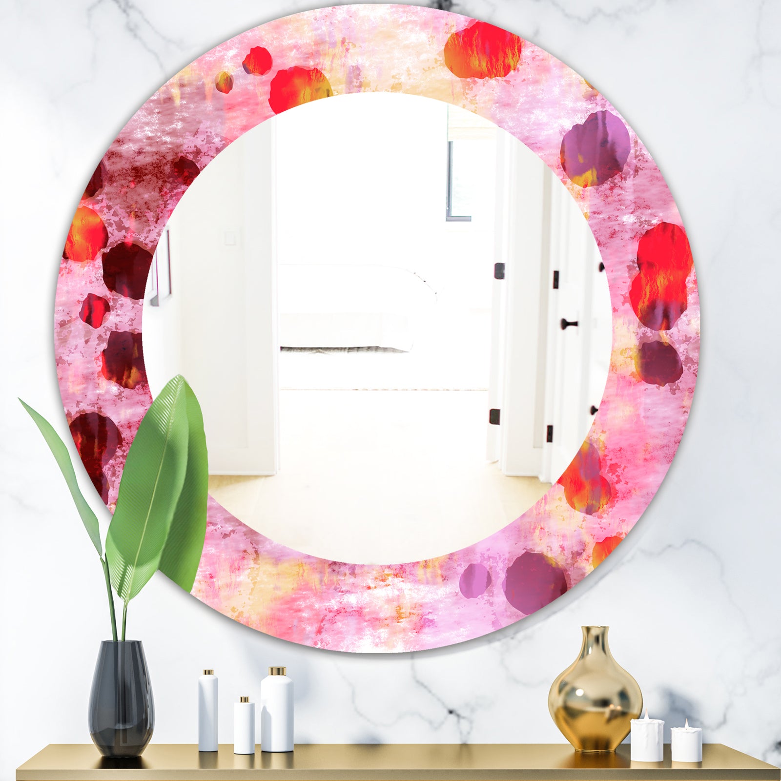 Pink Spheres 8 - Modern Mirror - Frameless Oval or Round Wall Mirror