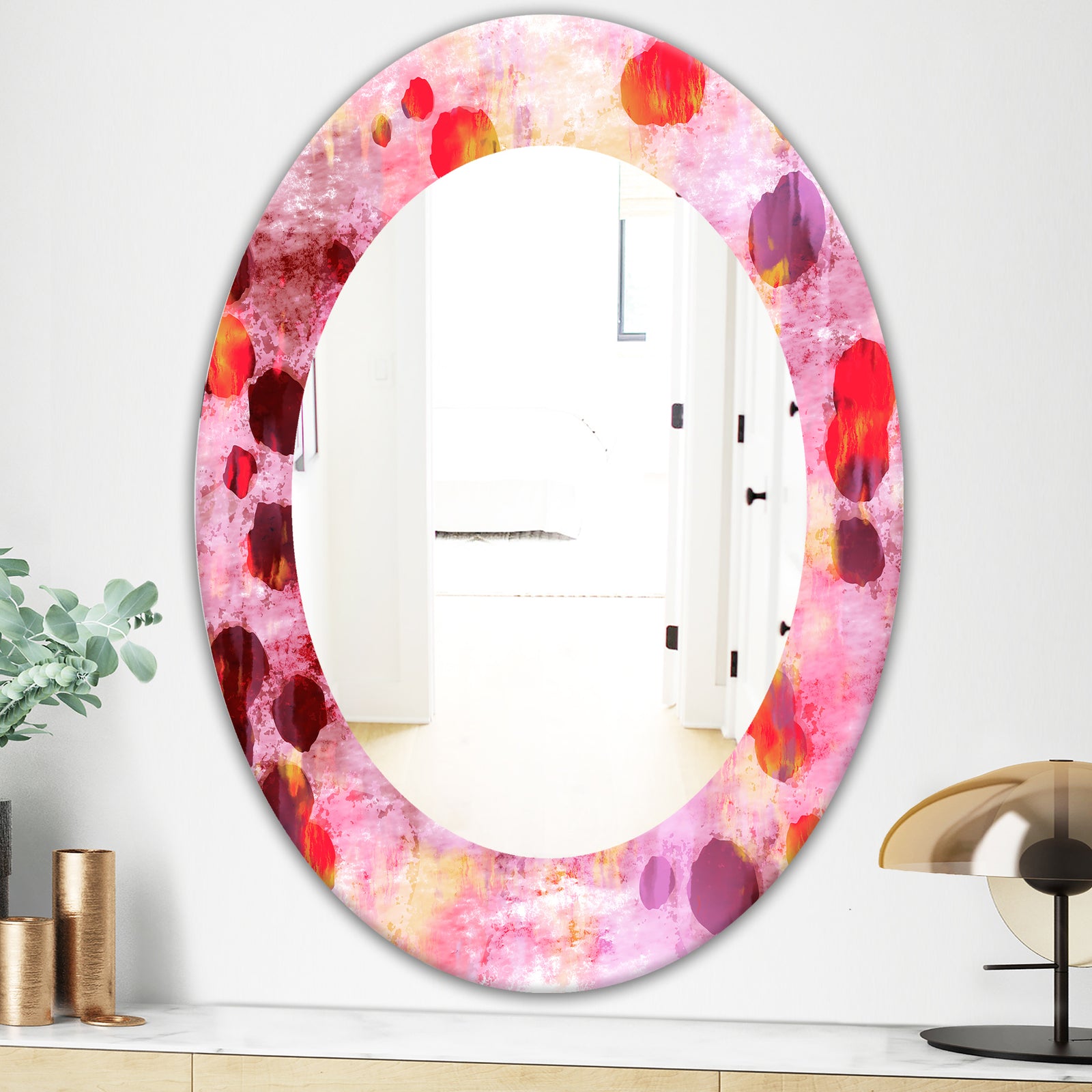 Pink Spheres 8 - Modern Mirror - Frameless Oval or Round Wall Mirror