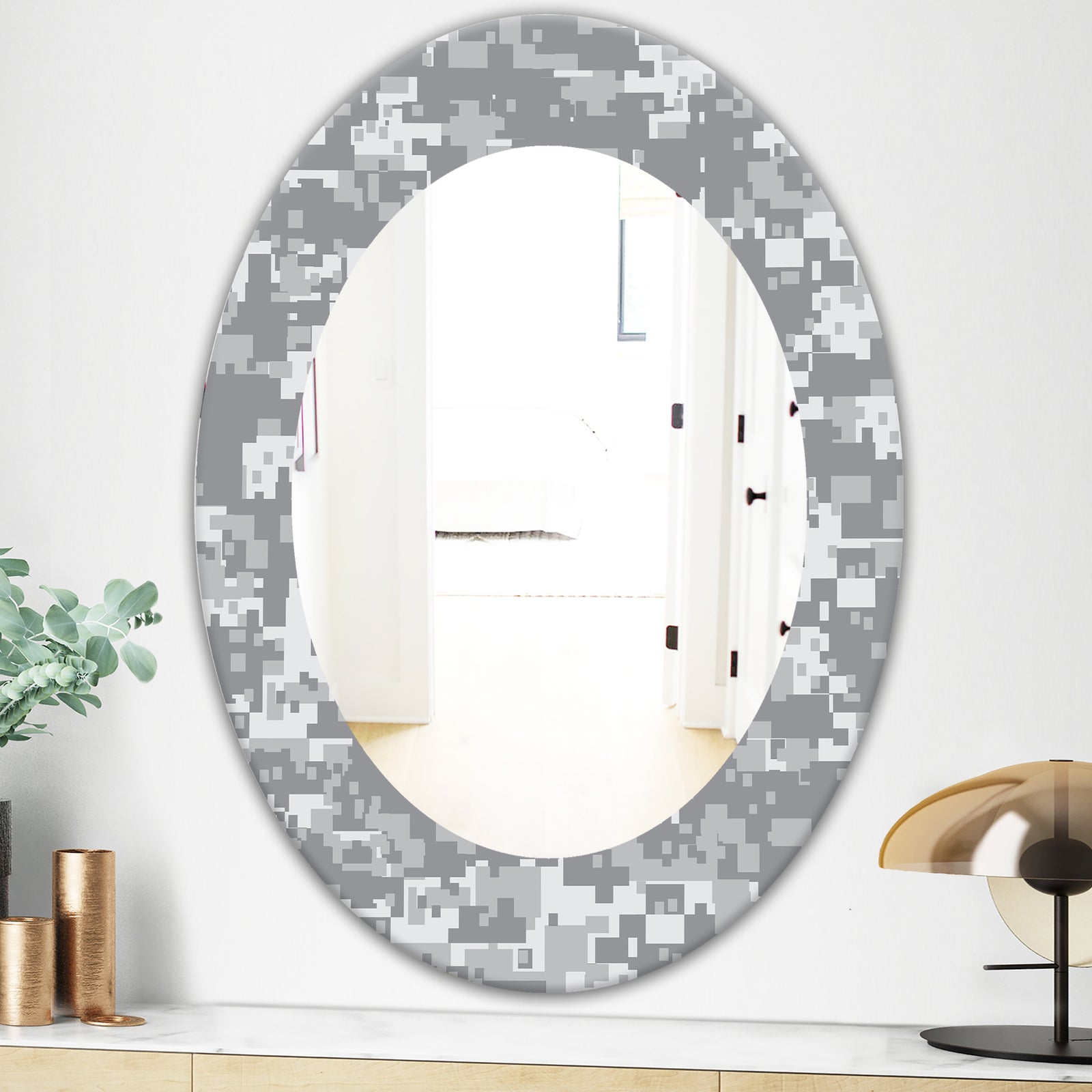 Grey Pixelation - Mid-Century Mirror - Oval or Round Wall Mirror
