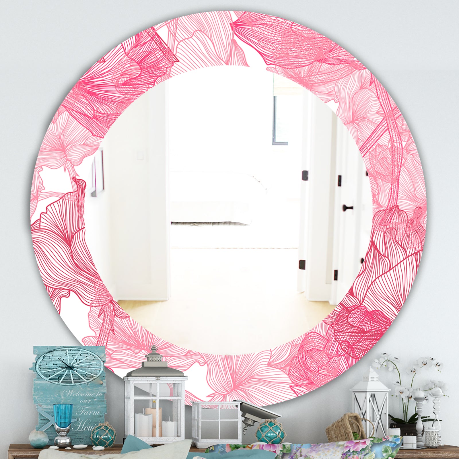 Pink Spheres 9 - Traditional Mirror - Frameless Oval or Round Wall Mirror