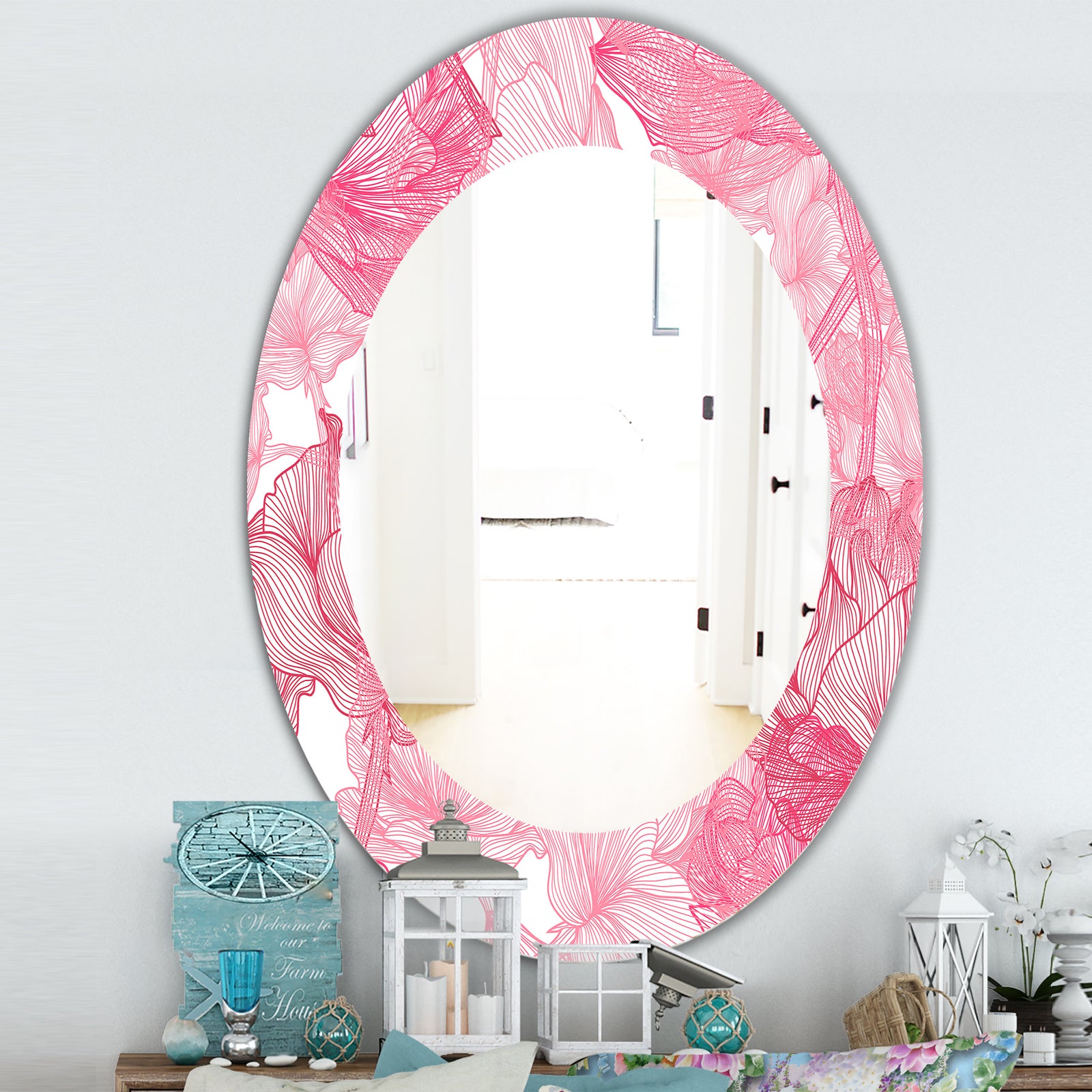 Pink Spheres 9 - Traditional Mirror - Frameless Oval or Round Wall Mirror