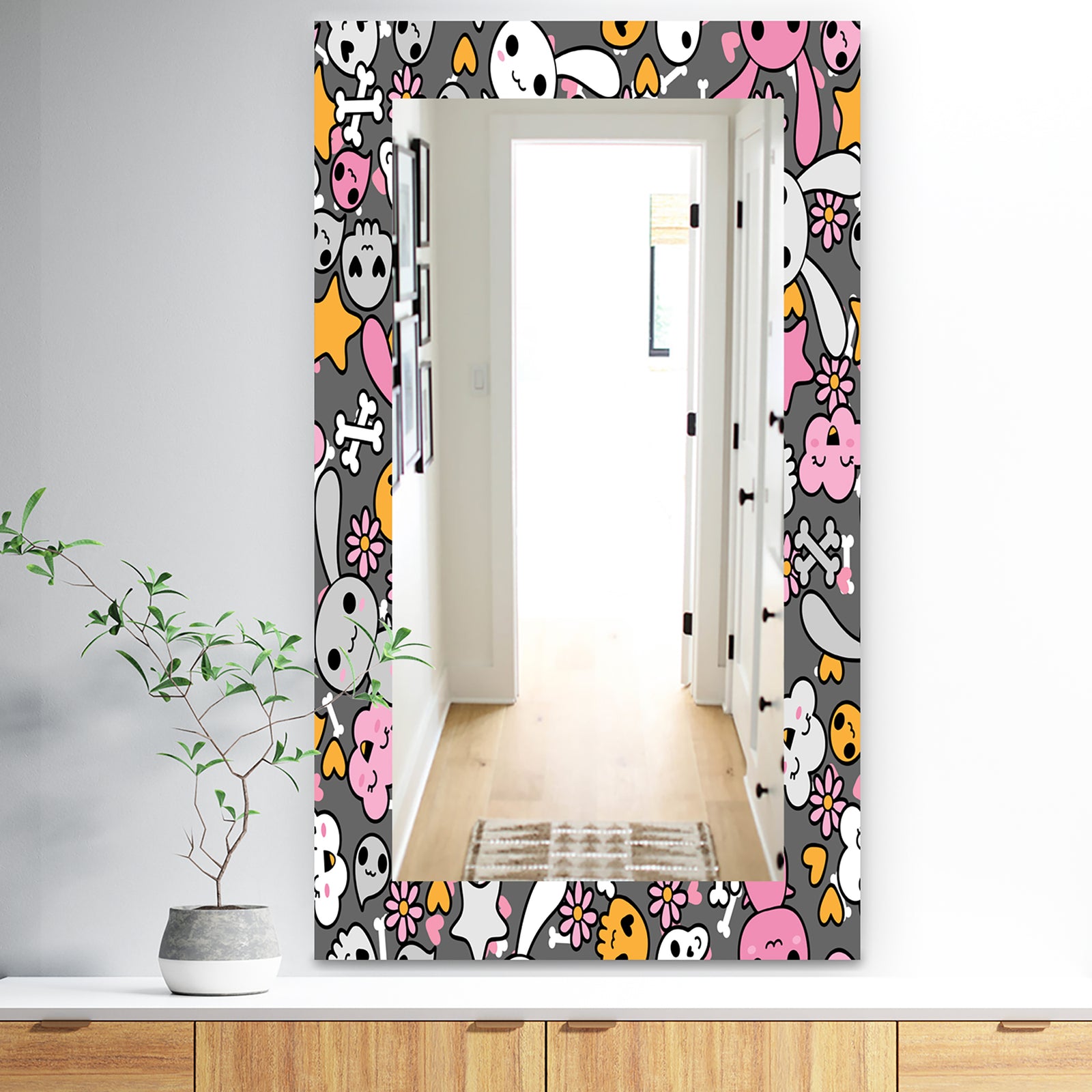 Little Rabbit KawaII With Pink Flowers - Traditional Mirror - Wall Mirror