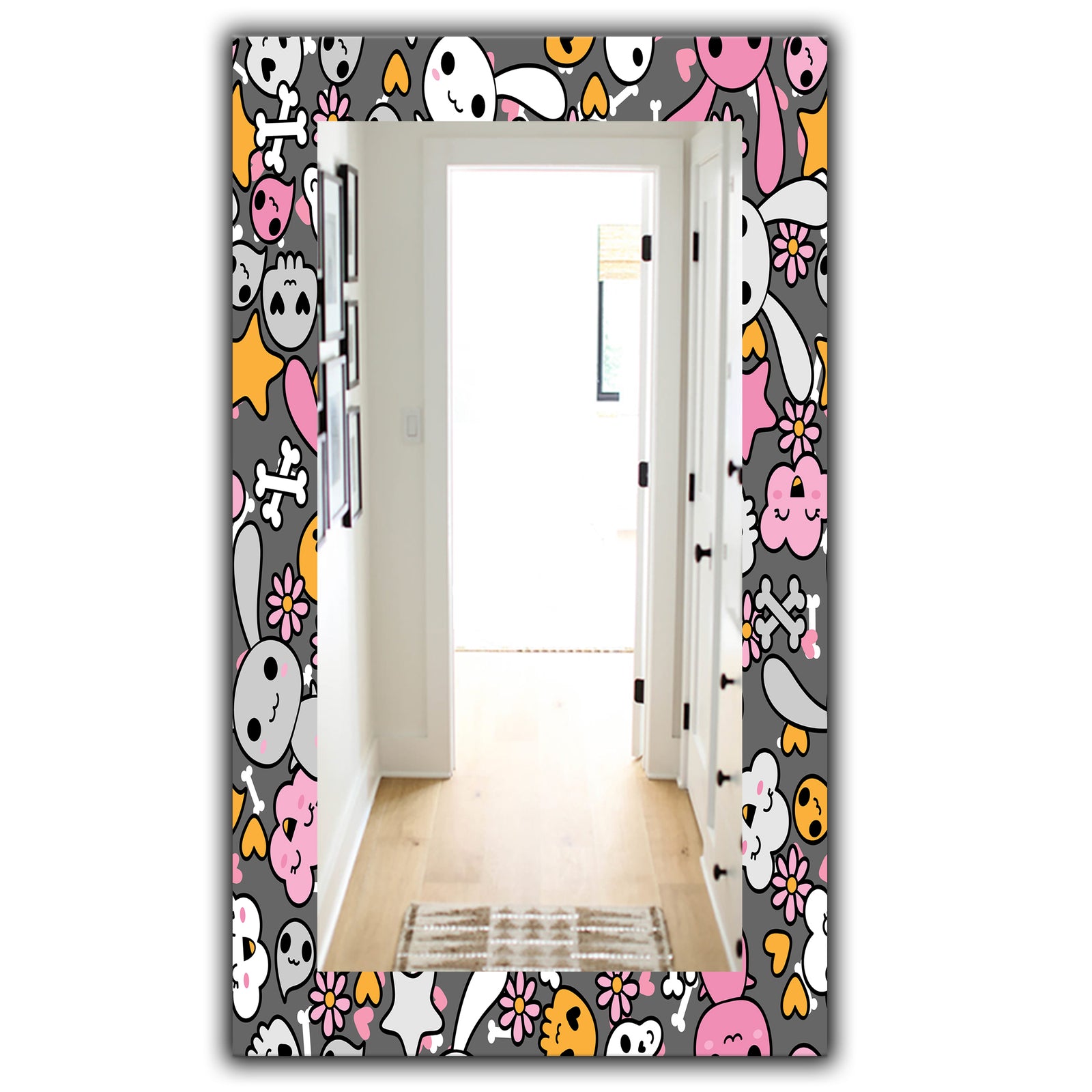Little Rabbit KawaII With Pink Flowers - Traditional Mirror - Wall Mirror