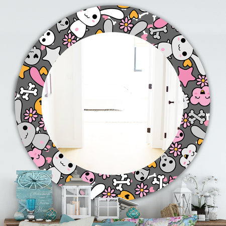 Little Rabbit KawaII With Pink Flowers - Traditional Mirror - Oval or Round Wall Mirror
