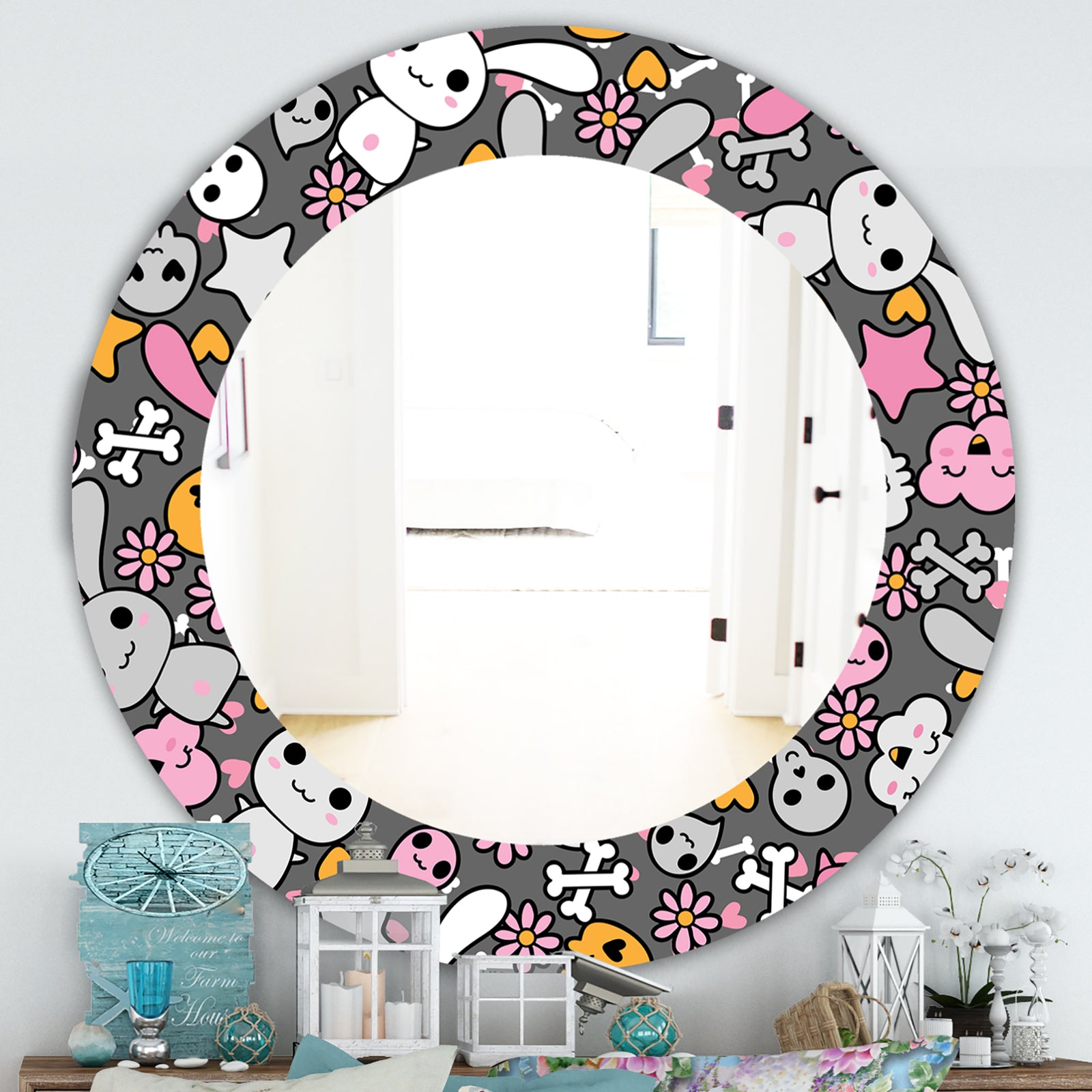 Little Rabbit KawaII With Pink Flowers - Traditional Mirror - Oval or Round Wall Mirror