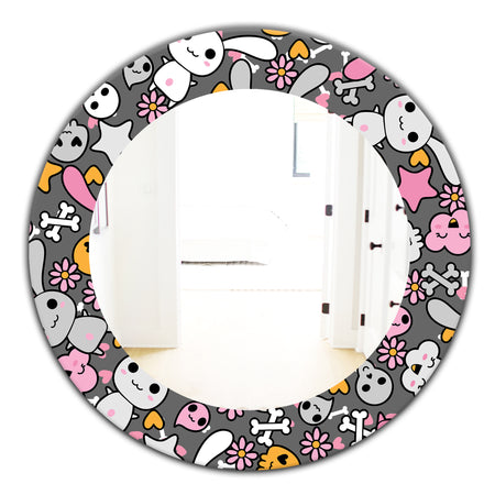 Little Rabbit KawaII With Pink Flowers - Traditional Mirror - Oval or Round Wall Mirror