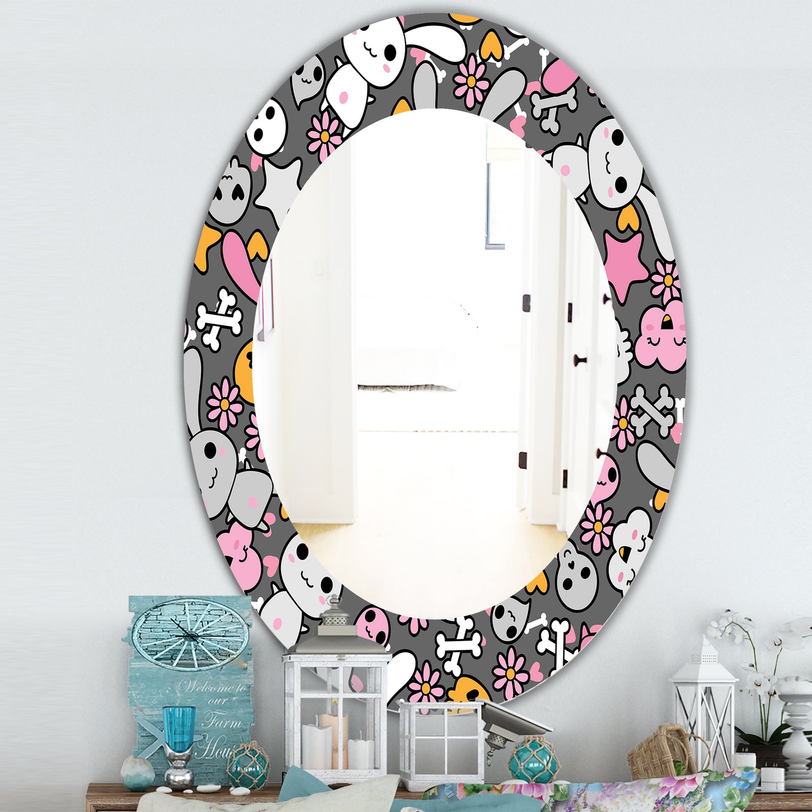 Little Rabbit KawaII With Pink Flowers - Traditional Mirror - Oval or Round Wall Mirror