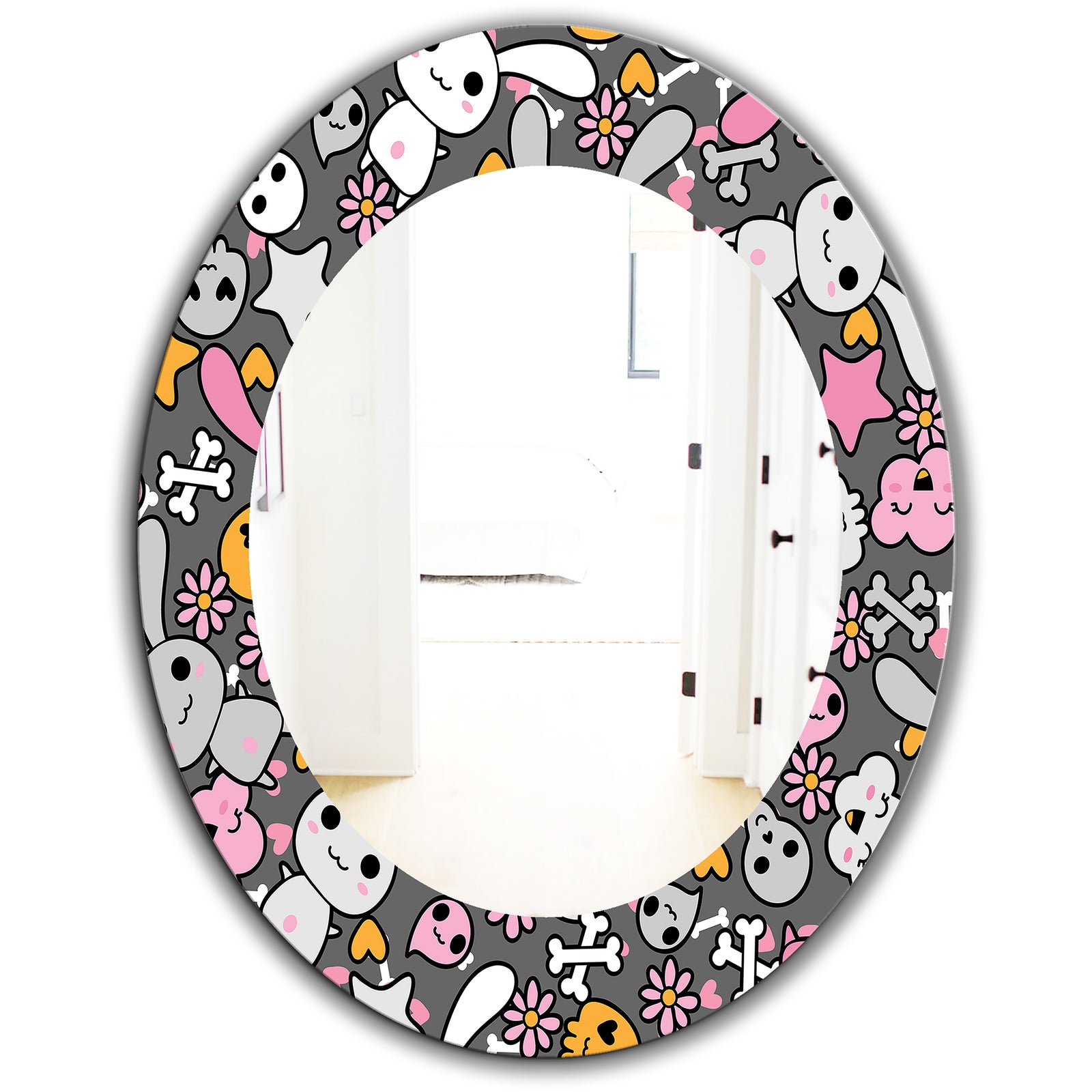 Little Rabbit KawaII With Pink Flowers - Traditional Mirror - Oval or Round Wall Mirror