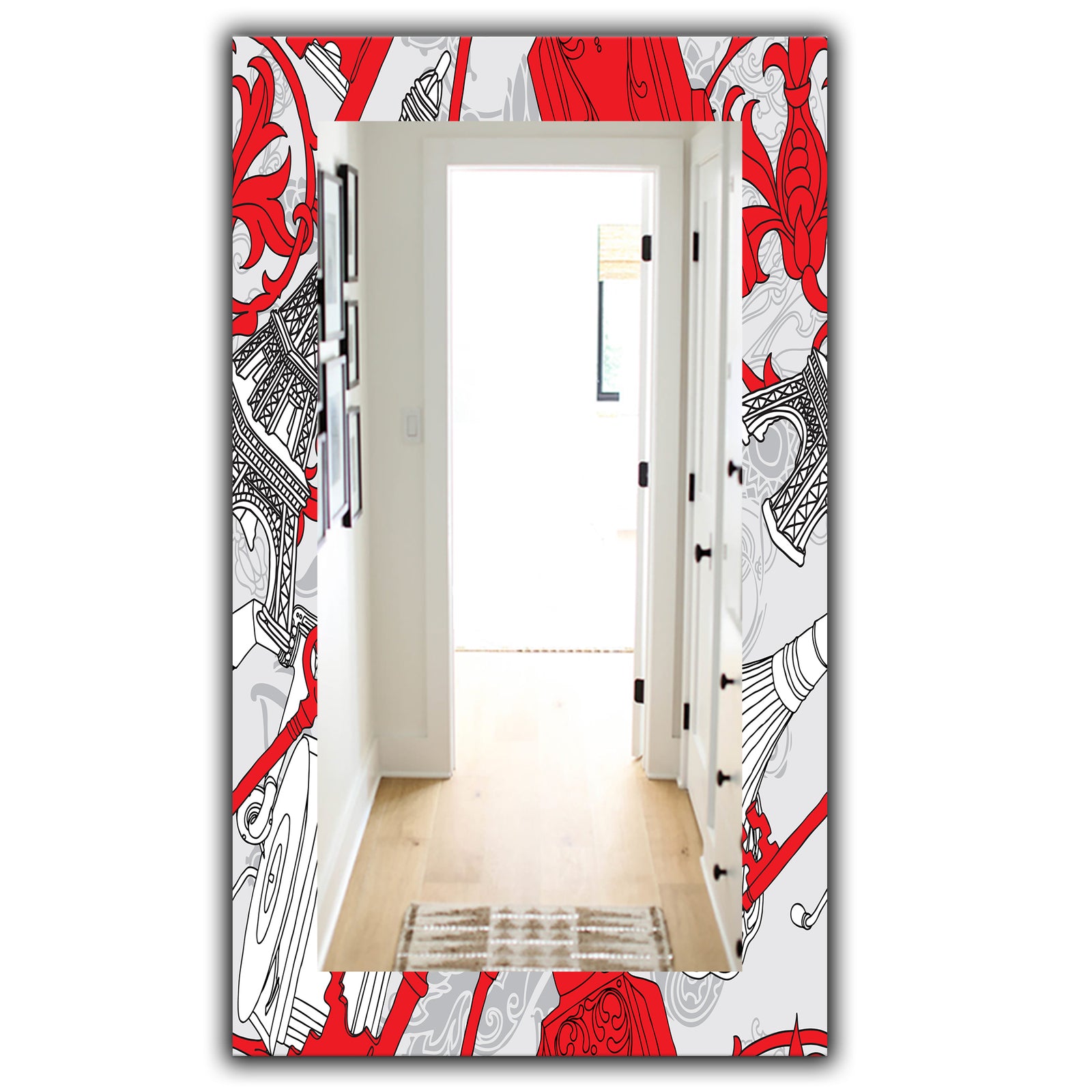 Drawing Of Paris With Red Keys - Traditional Mirror - Frameless Vanity Mirror