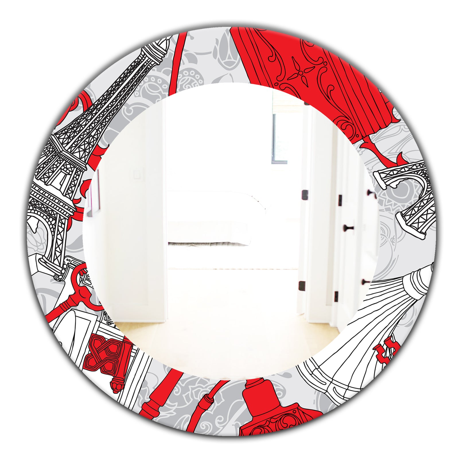 Drawing Of Paris With Red Keys - Traditional Mirror - Frameless Oval or Round Wall Mirror